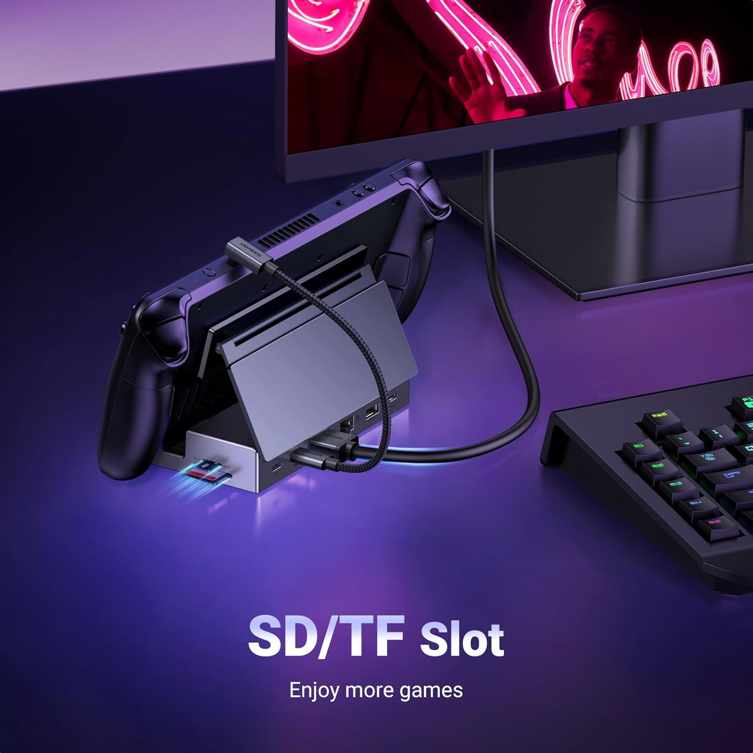 UGREEN Steam Deck Dock, 9-In-1 USB C Docking Station, Adjustable Folding Stand, 4K@60Hz HDMI, Gigabit Ethernet, 100W PD, 10Gbps Type C& A, SD/TF for Steam Deck OLED, ROG Ally X, Legion Go, MSI Claw image number 4