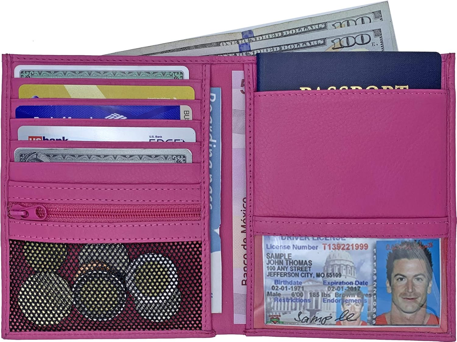 Hot Pink Purple RFID Blocking Genuine Leather Travel Passport Wallet Holder - Blue image number 7