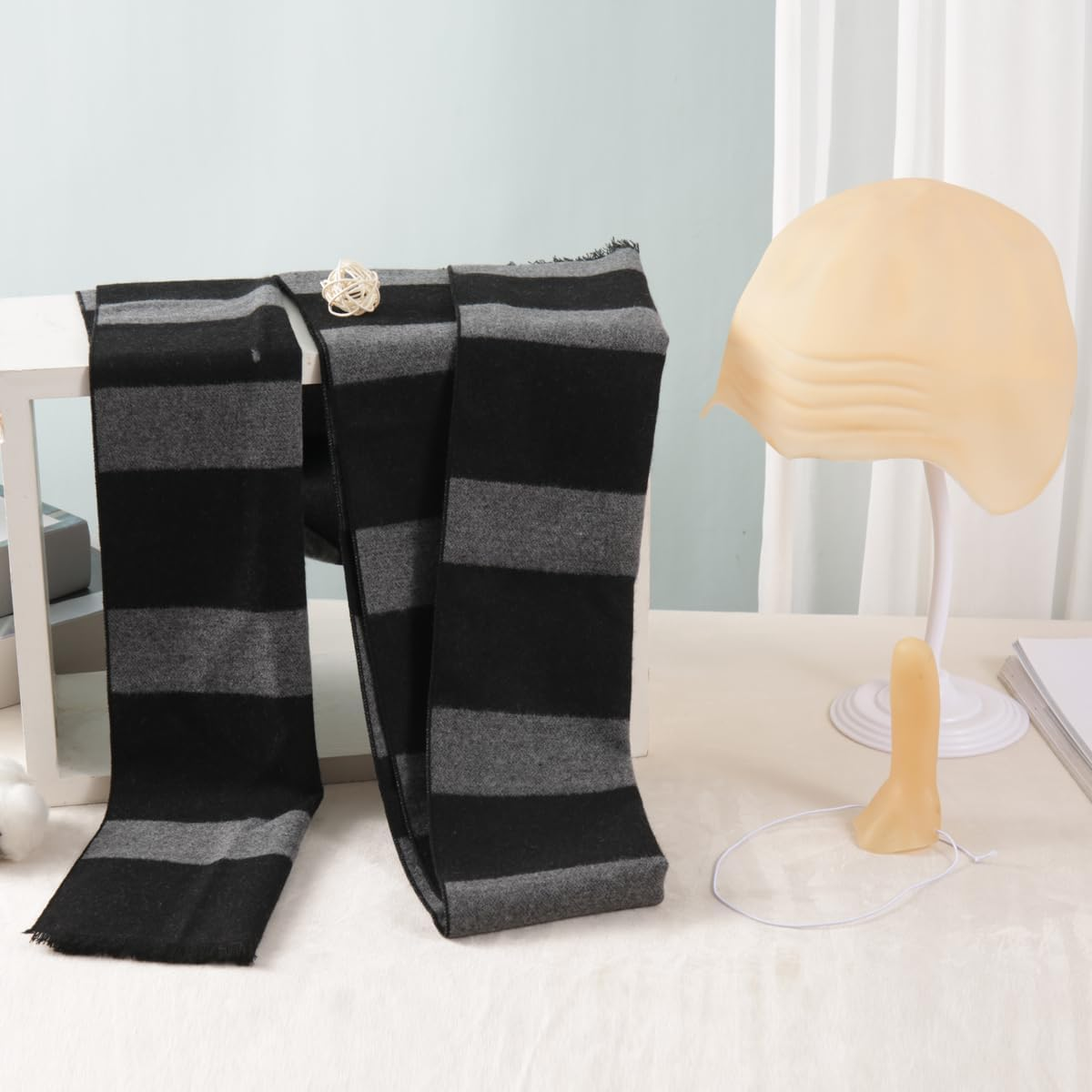 ATAYOU 4 Pcs Mens Halloween Cosply Costume Accessories Set with Black Gray Striped Scarf Fake Nose Latex Bald Cap, Black and Gray image number 4