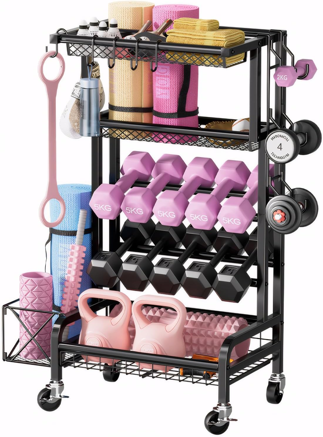 KAIGITE Dumbbell Rack, Home Gym Storage, Weight Rack for Dumbbells, Yoga Mat Rack with Wheel Hooks, Workout Equipment Storage for Dumbbells Kettlebells Foam Rollers