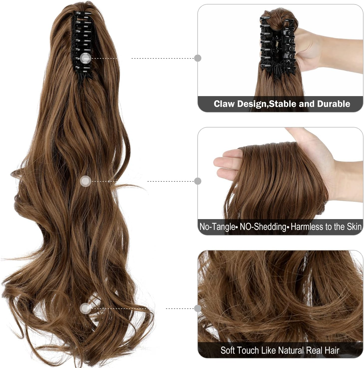 Claw Clip Ponytail Extension 18" Clip in Wavy Ponytail Hair Extensions Long Pony Tails for Women Extensions Light Chestnut Brown Wave Hairpiece(Light Brown) image number 3