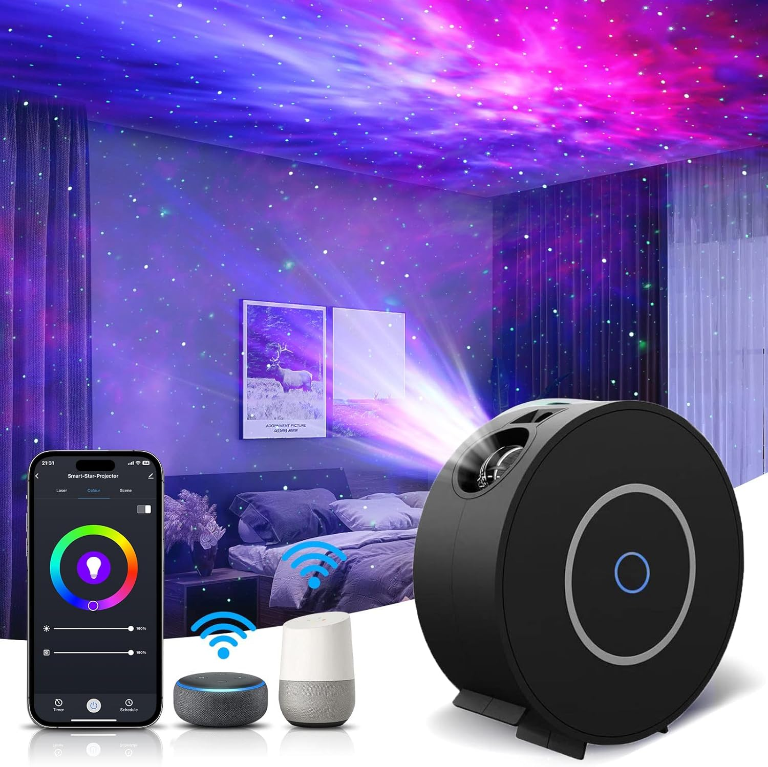 Smart Star Projector Galaxy Light, LED Starry Sky Night Light Control by Wifi App and Voice, Compatible with Alexa & Google Home, Adjustable Cloud Stars, Brightness and Time (Black) image number 3