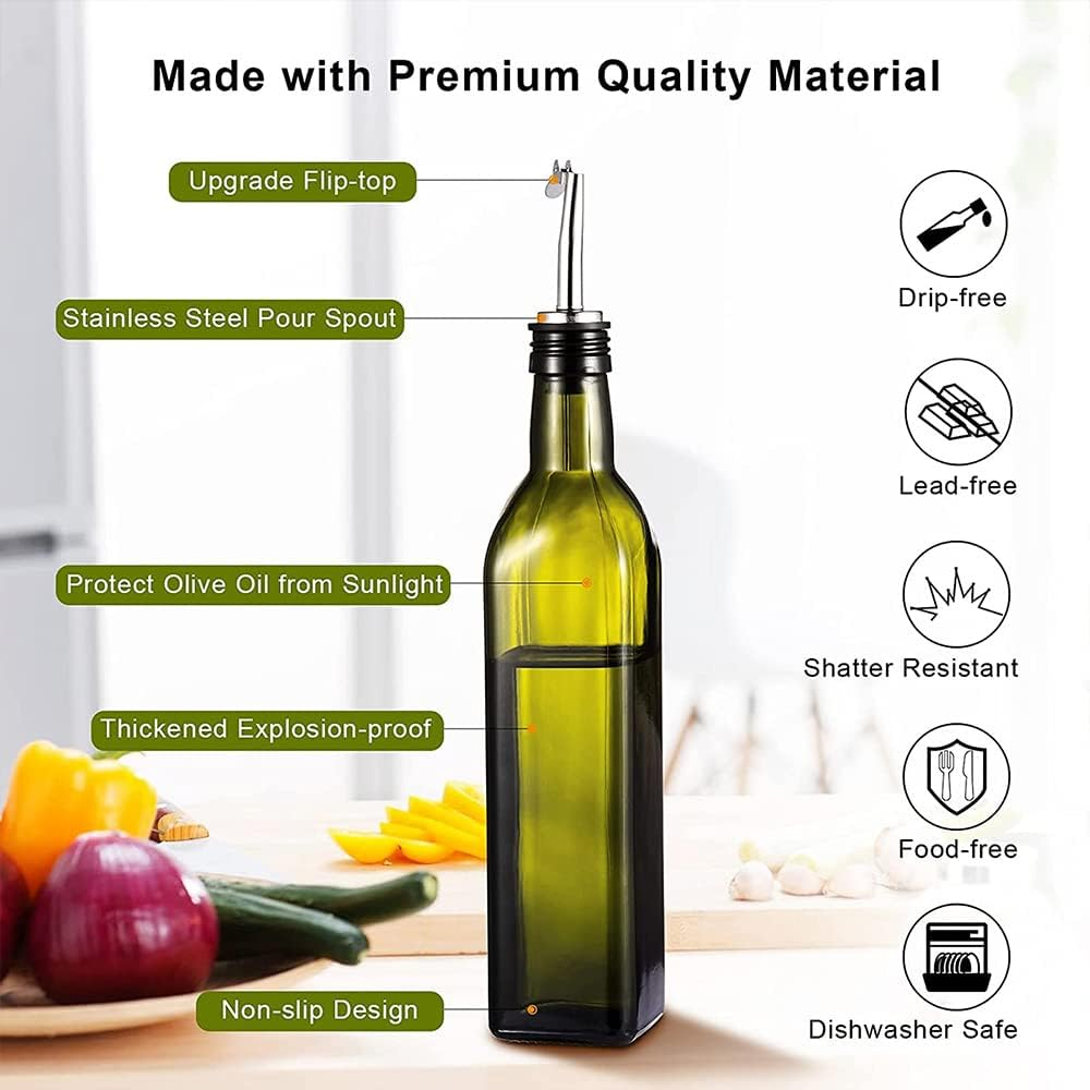 17Oz Glass Olive Oil Dispenser Bottle Set, 500Ml Clear Oil & Vinegar Cruet Bottle with Pourers, Funnel and Labels, Olive Oil Bottle for Kitchen & Storing Liquids (Green 2 Pack)