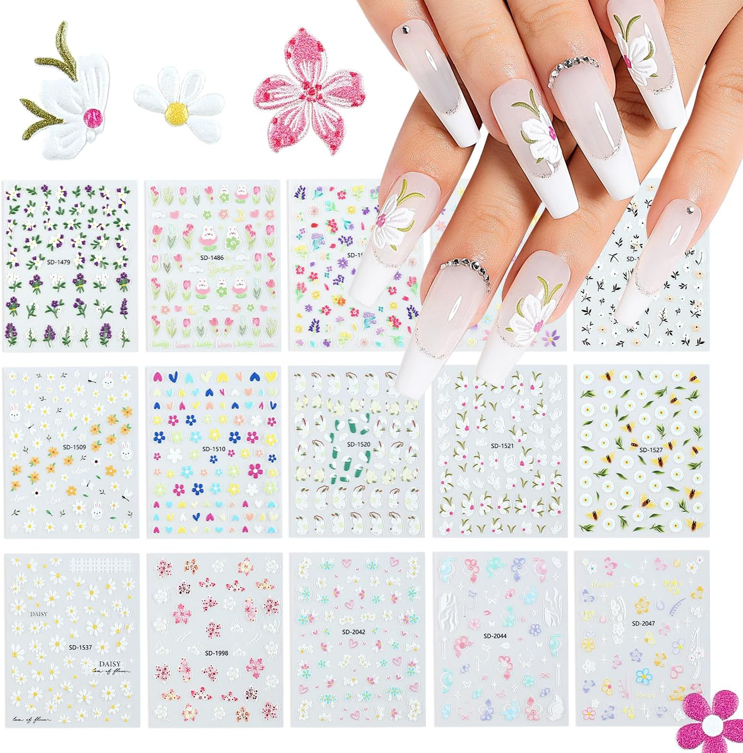 Nicedeco 15 Sheets Flower Nail Art Stickers Floral Nail Decals Self-Adhesive Nail Supplies Nail Art Design Decoration 001