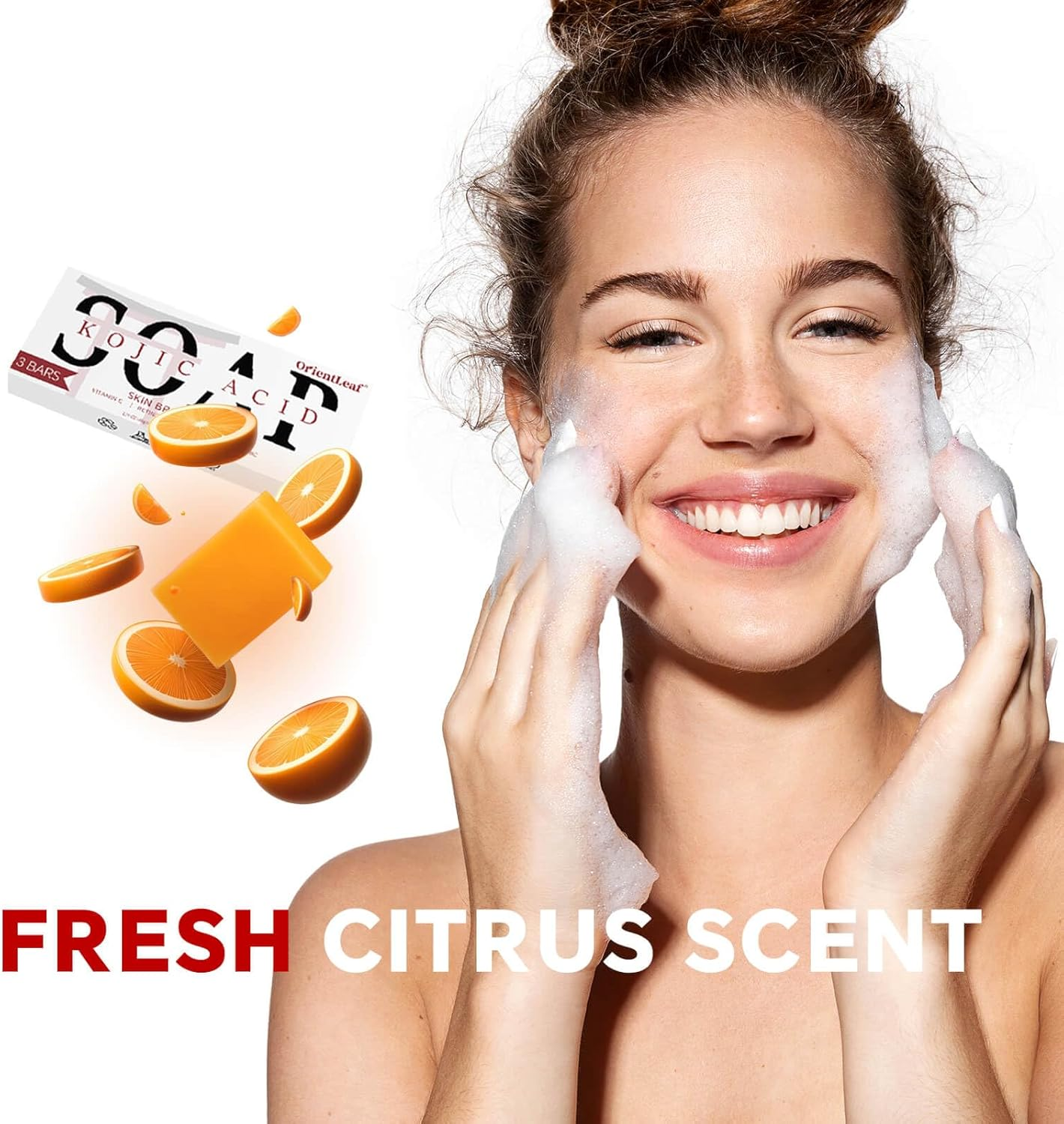 ORIENTLEAF Kojic Acid Soap, Turmeric Soap Bar, Fresh Citurs Scent, Gentle for Face and Body with Vitamin C, Shea Butter, Retinol, Olive Oil, Collagen (3 PACK) image number 4