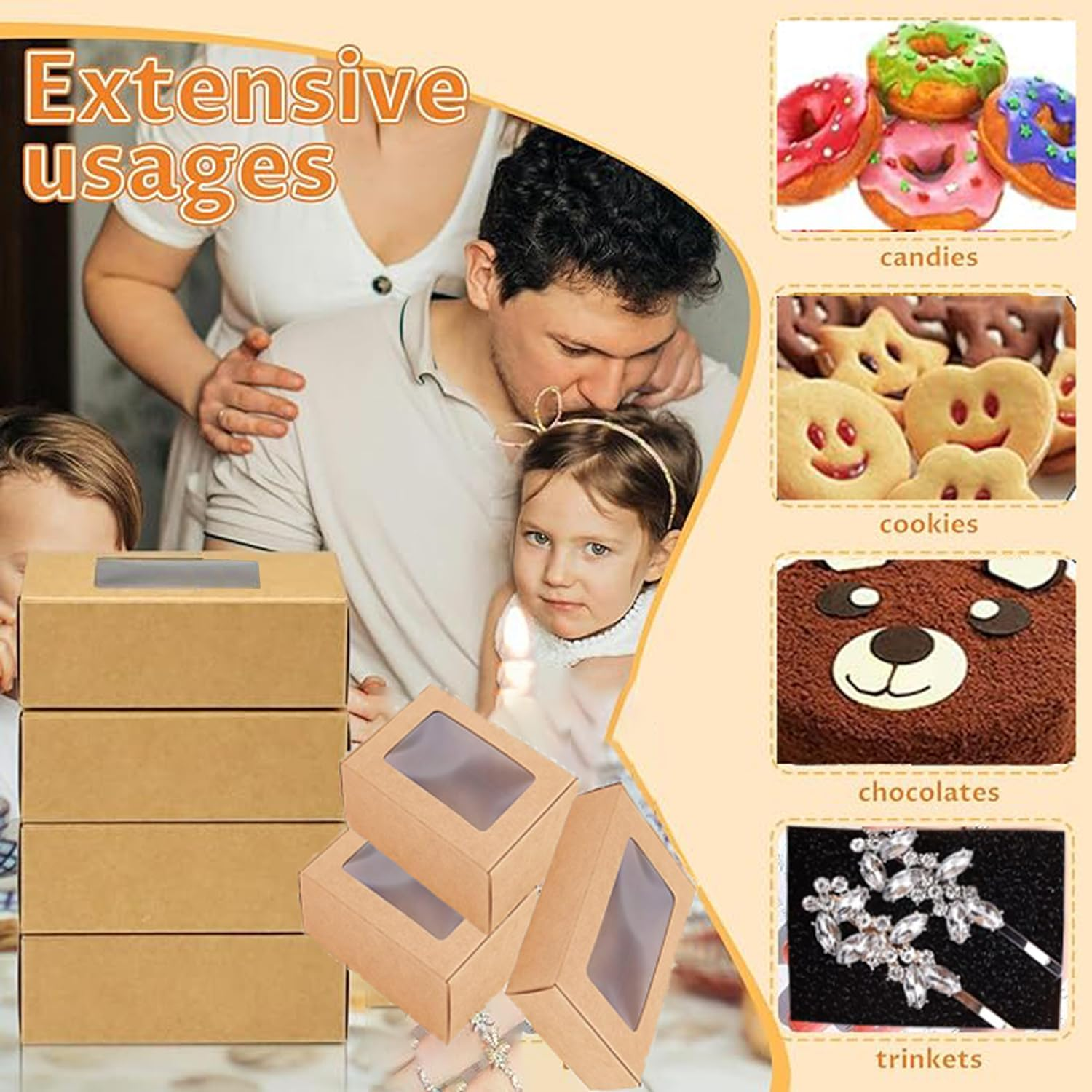 Lxcshljx 50Pcs Small Rectangle Kraft Paper Box with Transparent Windows - Brown Bakery, Treat Gift, Present Packaging for Candy, Chocolate, Jewelry