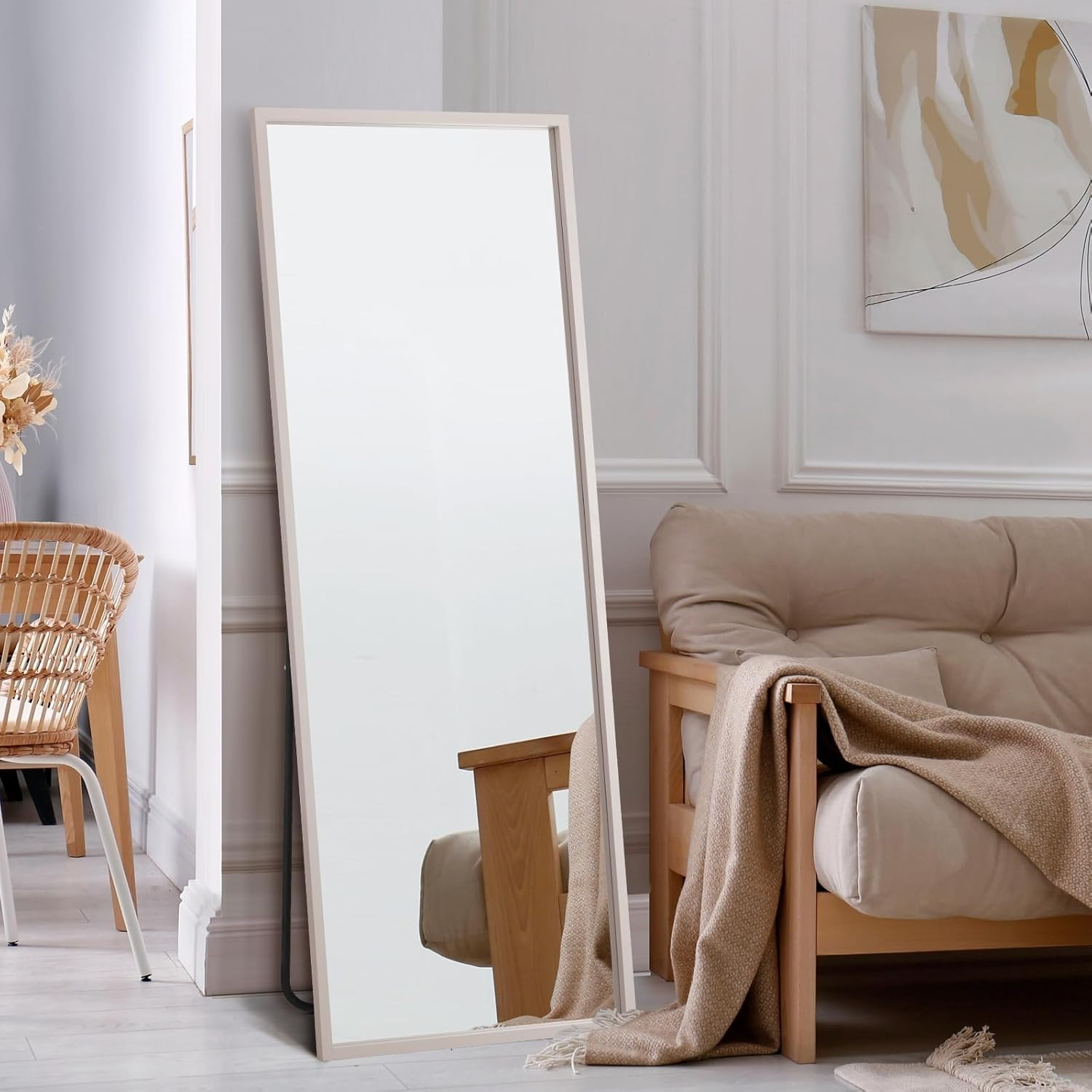 Oikiture Rectangle Full Lenght Mirror 166 X 60Cm Floor Mirror with MDF Frame Free-Standing Mirror Home Living Room Furniture White
