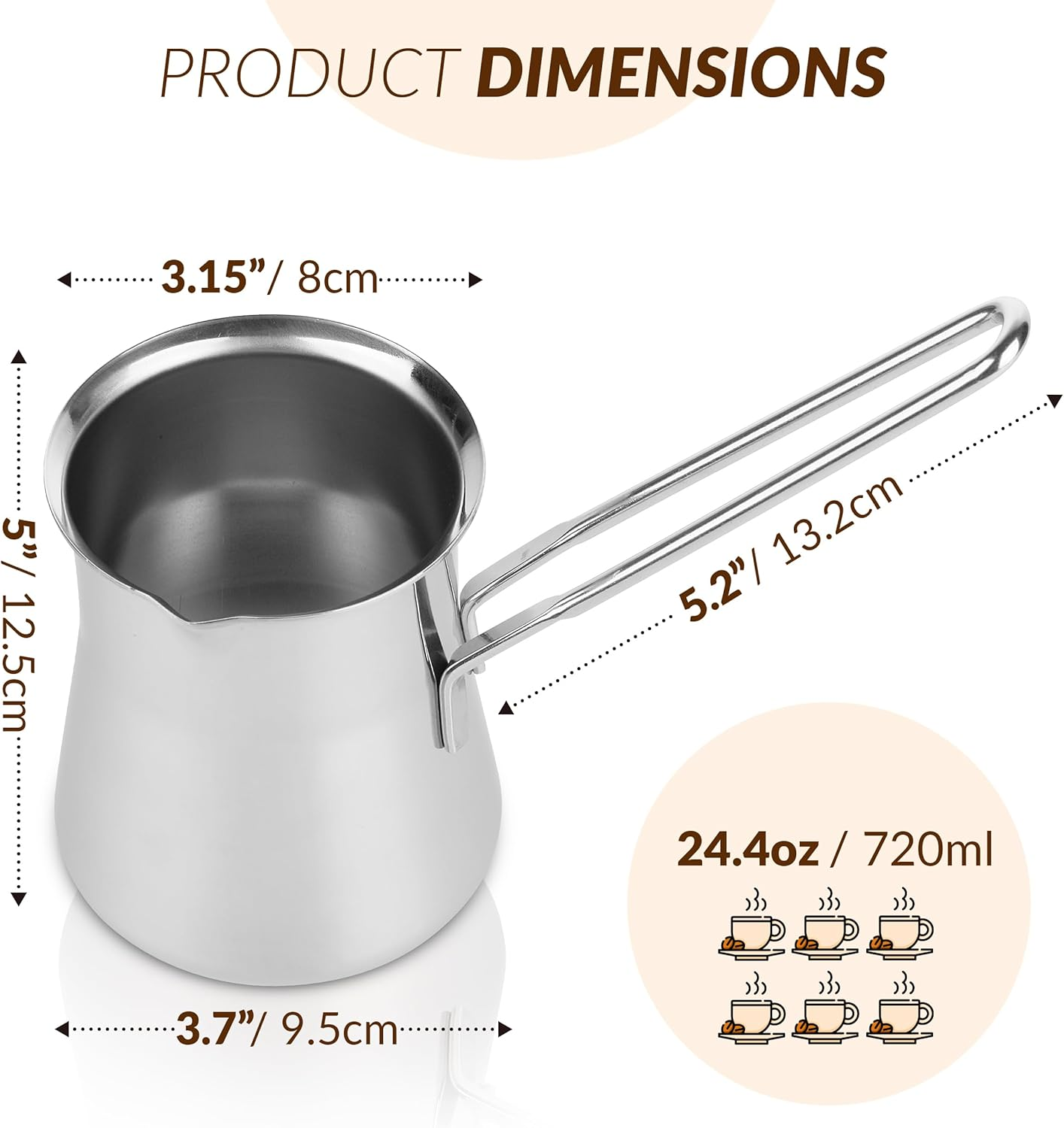 Caizen Coffee Quality Turkish Coffee Pot - Turkish Coffee Maker, Chai Pot, Arabic Coffee Pot, Briki Greek Coffee Pot, Greek Briki, Turkish Coffee Cezve, Turkish Coffee Pot Ibrik (24Oz) image number 6