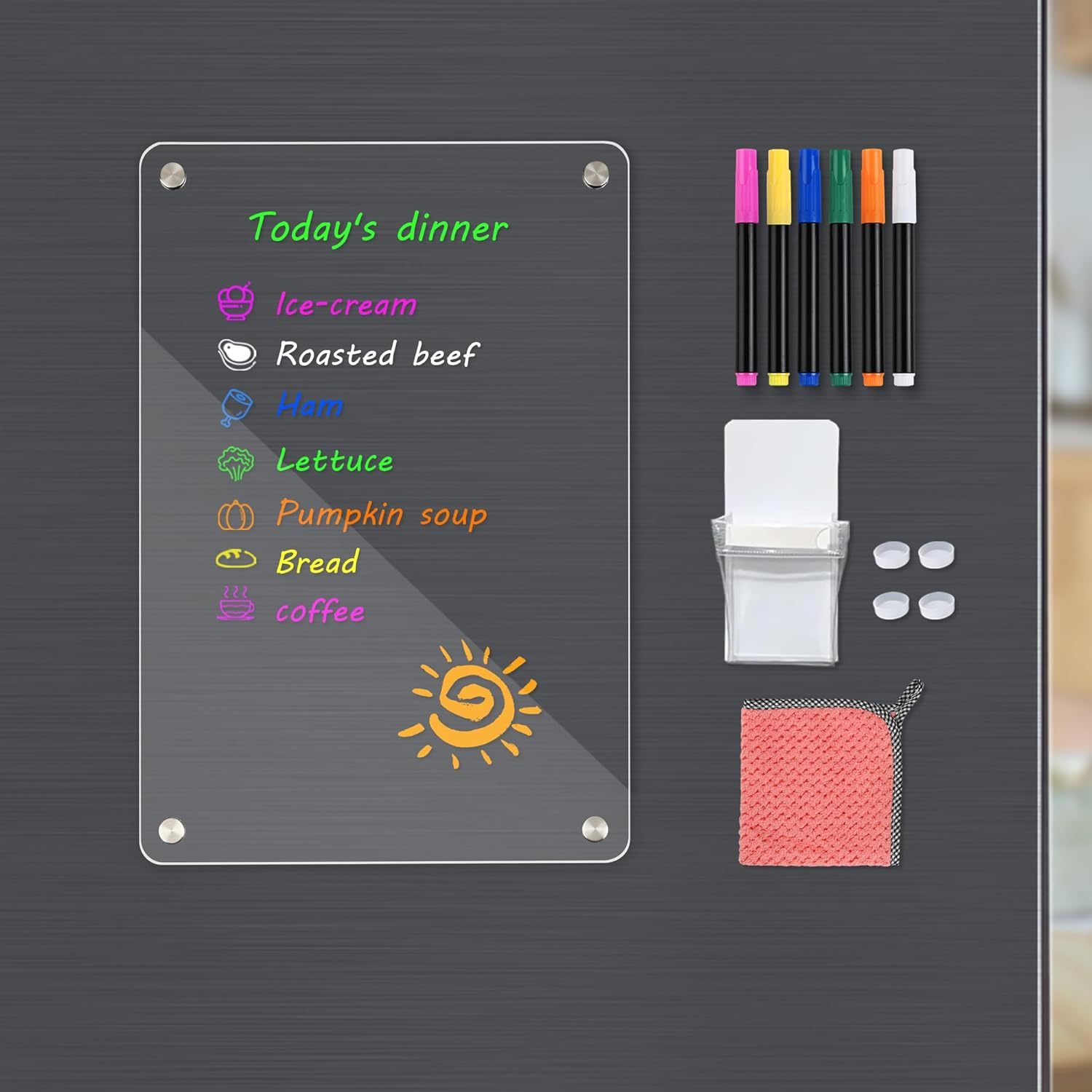 Acrylic Fridge Planner, 30 X 20 Cm Magnetic to Do List, Weekly Meal Planner Magnetic Fridge, Including 6 Wet Erase Markers, Marker Holder, Silicone Pads and Wipe Cloth. - 33 X 22 Cm Weekly Planner  Memo image number 6