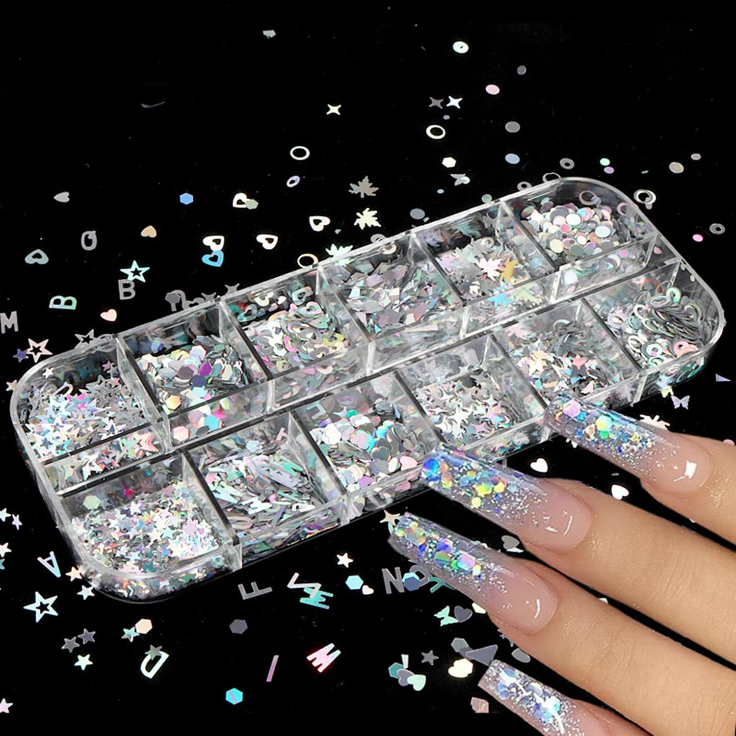 12 Colors Laser Mixed Circle Nail Glitter Sequins 3D Nail Art Accessories Holographic round Shape Flakes Nail Art Design Acrylic Nails Supplies Women Manicure Beauty Decor DIY Crafts Decorations