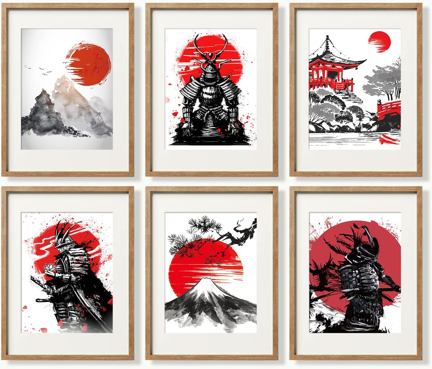 YUMKNOW Japanese Art Wall Decor - Unframed 8X10 Set of 6, Modern Minimalist Asian Oriental Decor for Living Room, Samurai Armor Warriors Prints Posters for Bedroom, Japan Red White Art Office Gifts