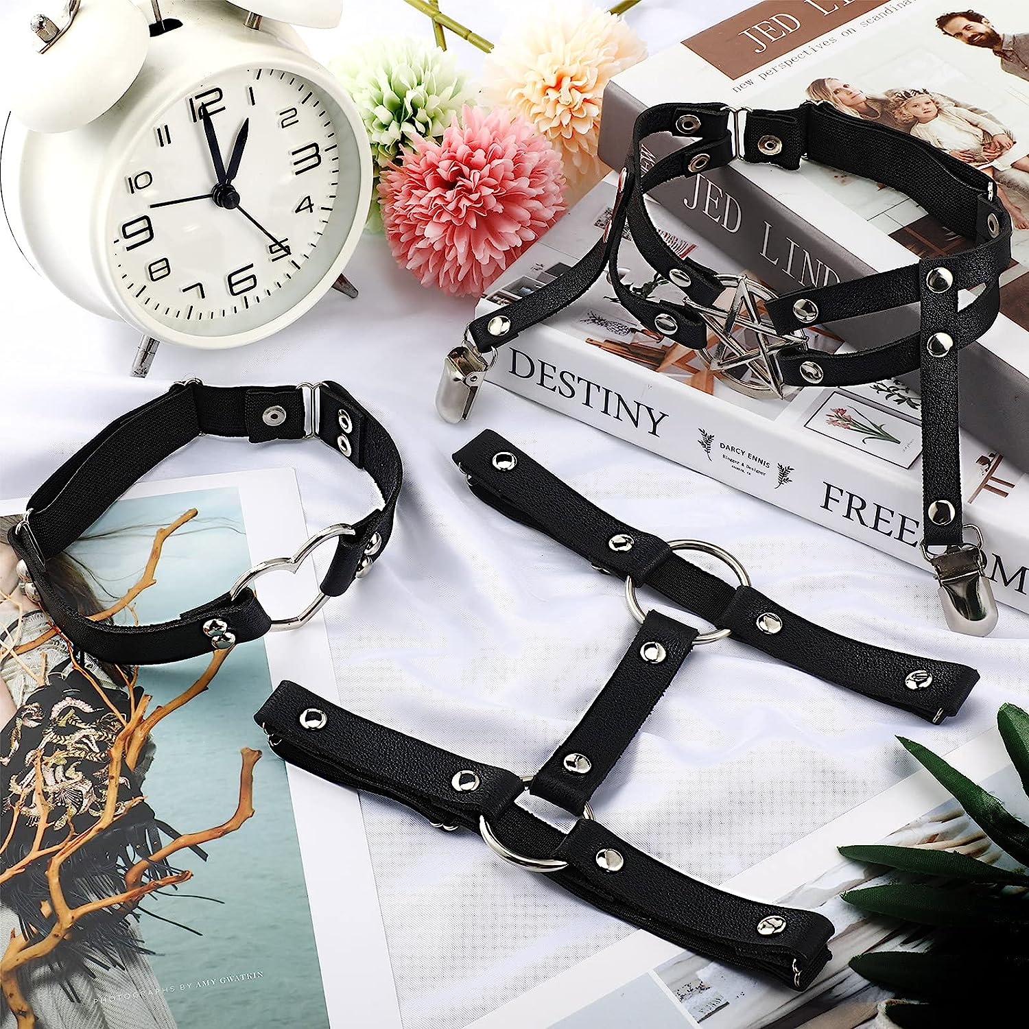 6 Pieces Adjustable Garter Belts with Anti-Slip Clips, Elastic Punk Thigh Ring Garter Star Shaped Leg Heart-Shaped Leg Ring 2 Rows Thigh Belt Suspender for Women, Black image number 2