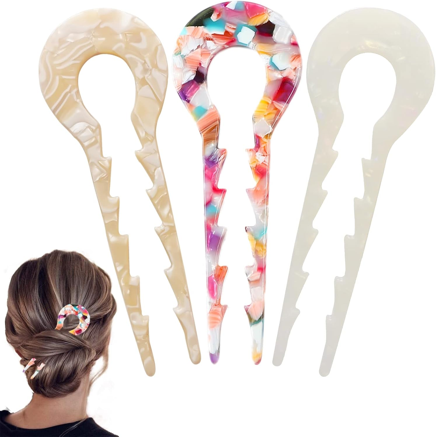 Yosaihom 3 PCS U Shaped Hair Pins, French Hair Pins Hair Forks Acetate Long 5.3Inch, 2 Prong Bun Pins, Chignon Pins Hair Stick for Women Thick Hair