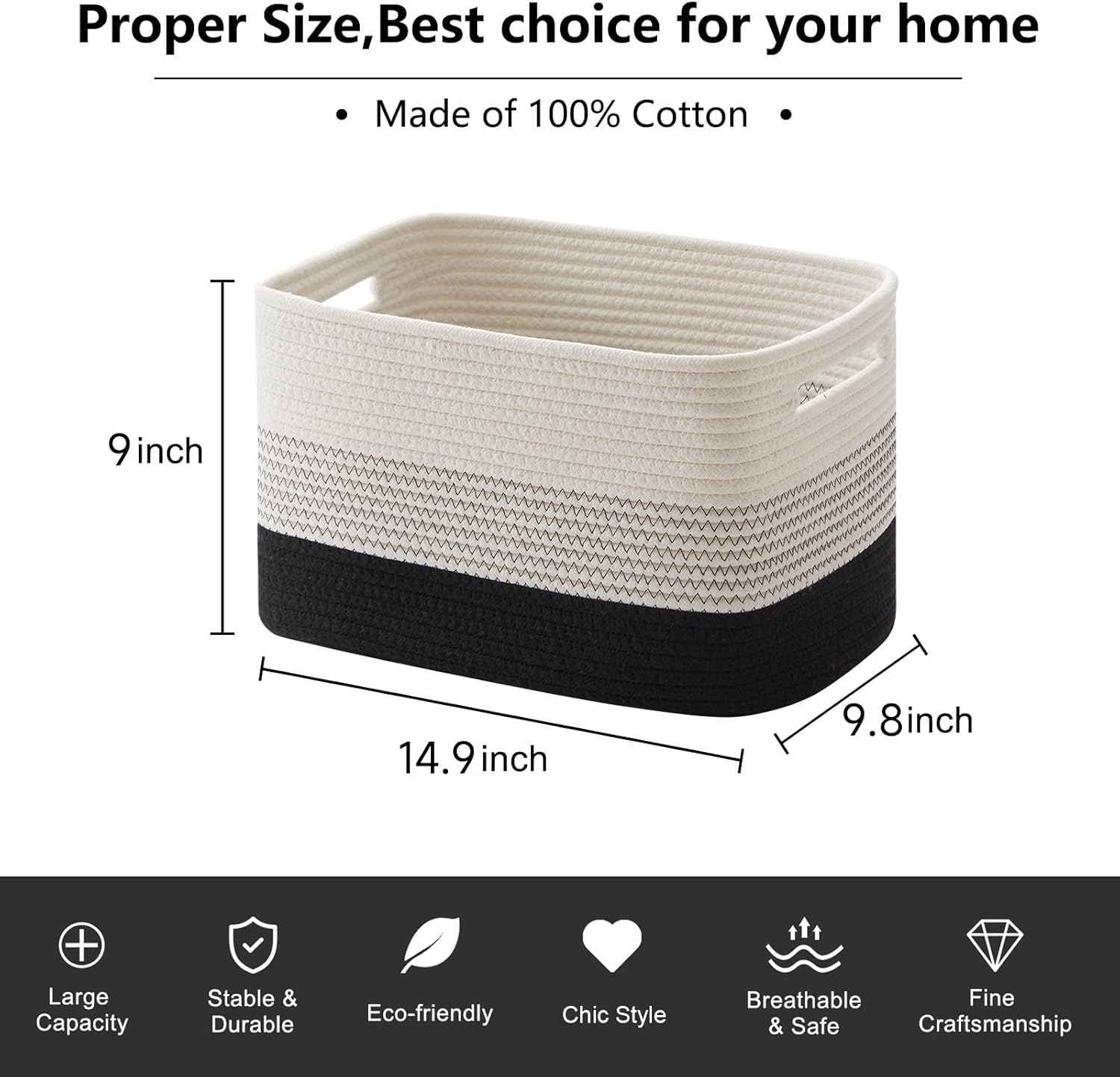 3 Pack Storage Basket, Cotton Rope Woven Basket with Handles for Shelf, Pet Toy, Book, Cloth, Storage Organizer for Living Room, Bathroom (Gradient Black, M) image number 2