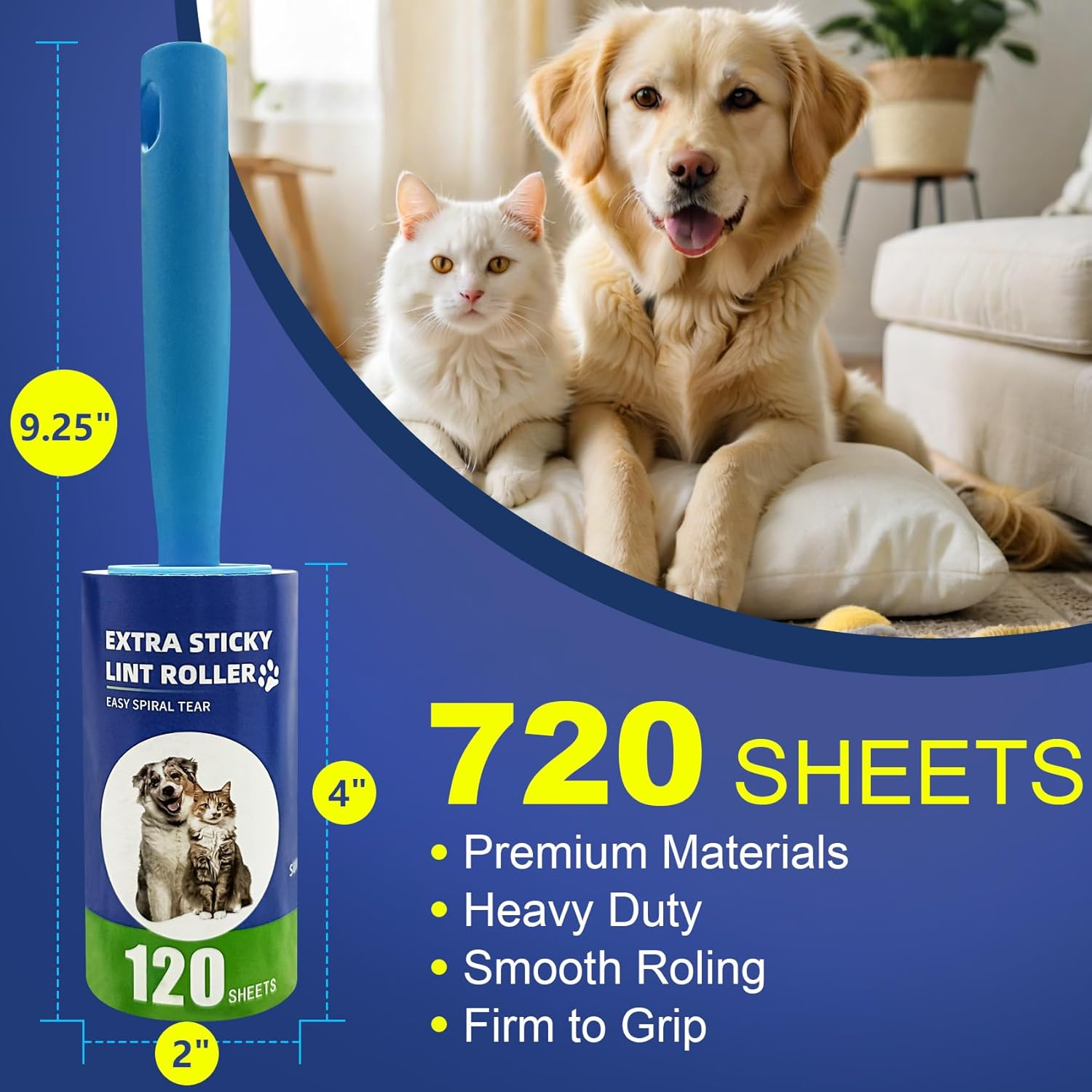 OUYOOOO Sticky Roller - 2 Upgraded Handles and 720 Pieces Extra Sticky Portable Pet Hair Remover for Car, Furniture, Bed and Carpet, Lint Roller Refill Removes Cat and Dog Hair and Dust. image number 6