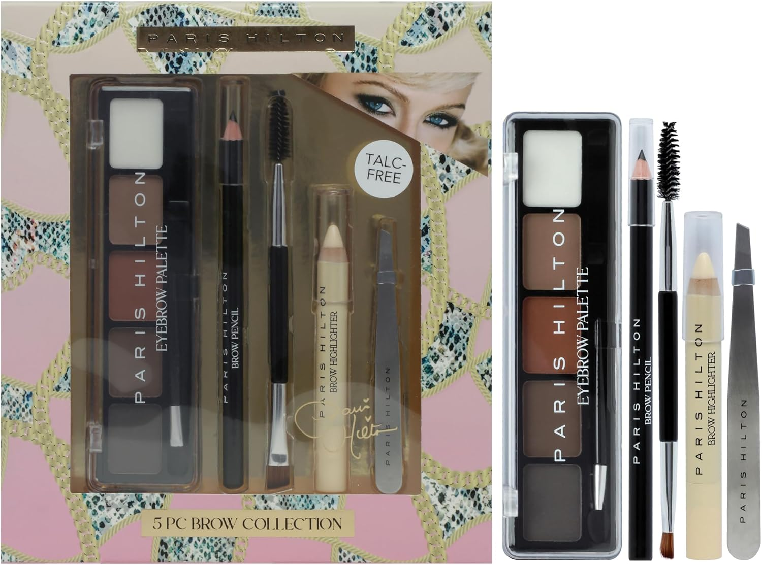 Paris Hilton Brow Collection Set - Make up Kit Includes Eyebrow Palette, Eyebrow Pencil and Highlighter, Spoolie and Tweezer - Long-Lasting - 5 Pcs image number 6