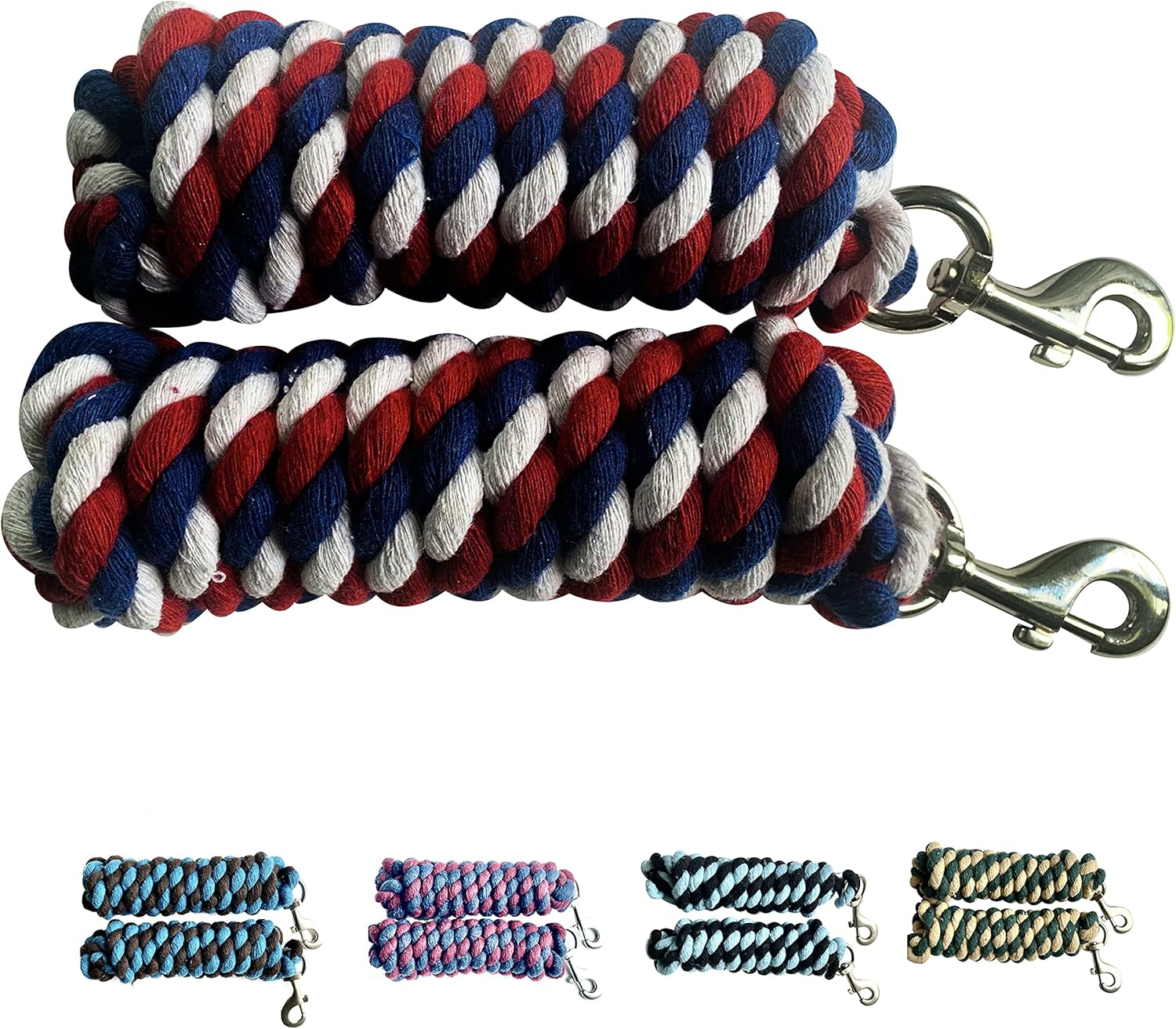 Majestic Ally Pack of 2 Solid Cotton Lead Rope for Horses & Livestock &ndash; 10 Foot Long and 5/8 Inch Thick - Replaceable Heavy-Duty Satin Bolt Snap &ndash; Handmade &ndash; Soft, Broken in Feel (Patriotic)
