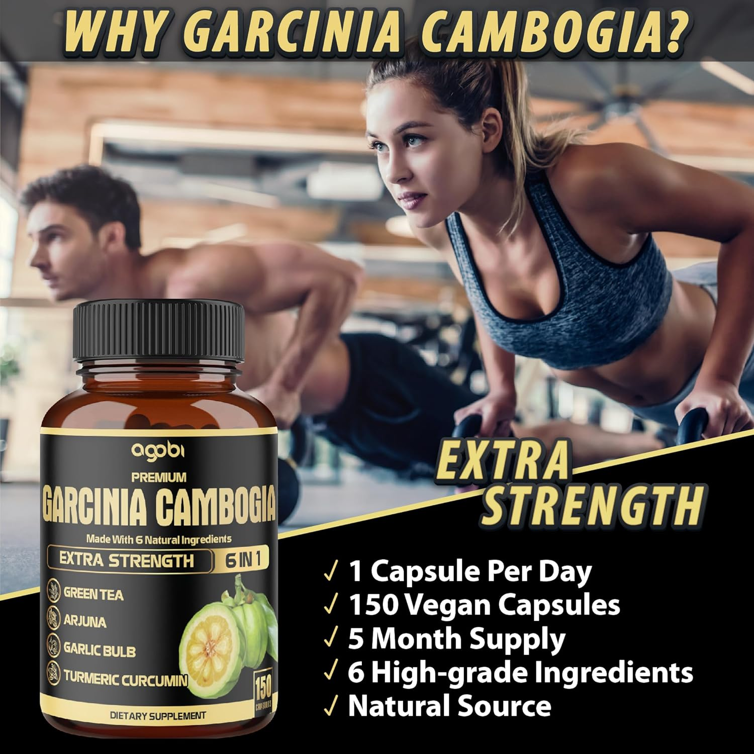 Garcinia Cambogia Extract Capsules - 6In1 with Green Tea, Arjuna, Garlic, Turmeric, Black Pepper - 8550Mg 150 Counts 5 Months - Body, Digestive & Immune Support image number 4