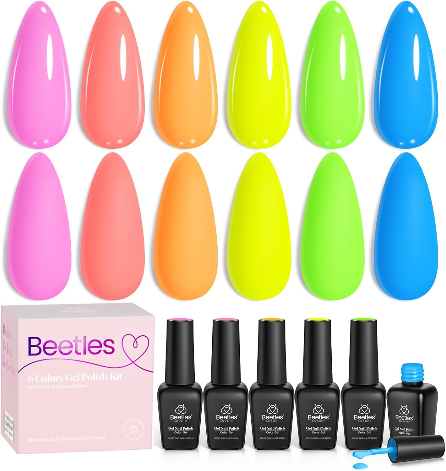 Beetles Gel Polish &ndash; 6 Colours Neon Rainbow Gel Polish Set, Spring Summer Nail Polish Set Soak off UV LED Nail Art for Women image number 6