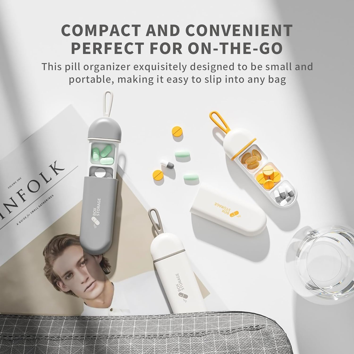 Travel Pill Organiser, 3 Cell Portable Waterproof Pill Box with Silicone Carrying Ring, Mini Pill Box Perfect for Office, Temporary Travel, Easily Put in Wallet. (Orange-White) image number 2