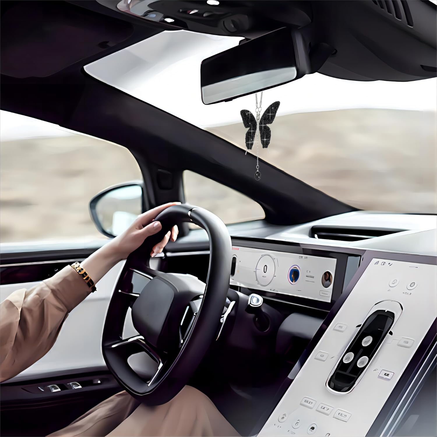 Couslcd Bling Butterfly Diamond Car Accessories, Crystal Car Rear View Mirror Charms for Women, Car Decoration Lucky Hanging Interior Crystal Ornament Pendant Decor for All Cars (Black) - Black image number 2