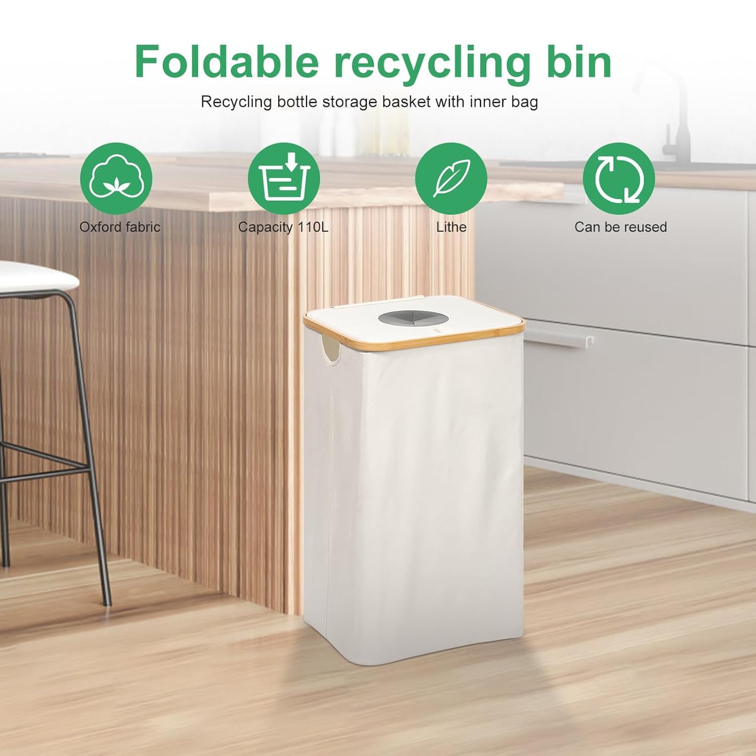 110L Recycling Bin with Lid, Kitchen Recycling Bin with Reusable Inner Bag, Large Capacity Recycle Bin, Foldable Recycling Storage Container, Removable Recycle Bottle Bin for Bottle Jar Glass(White)