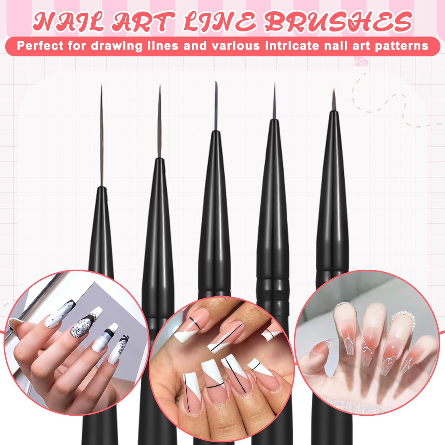 Set of 5 Nail Art Brush Liner Brushes and Dotting Tool Set Painting Art Design Brush Set Double End Nail Art Brush Set for Nail Design and Gel Nails Thin Details Long Lines 5/7/12/16/20 Mm image number 3