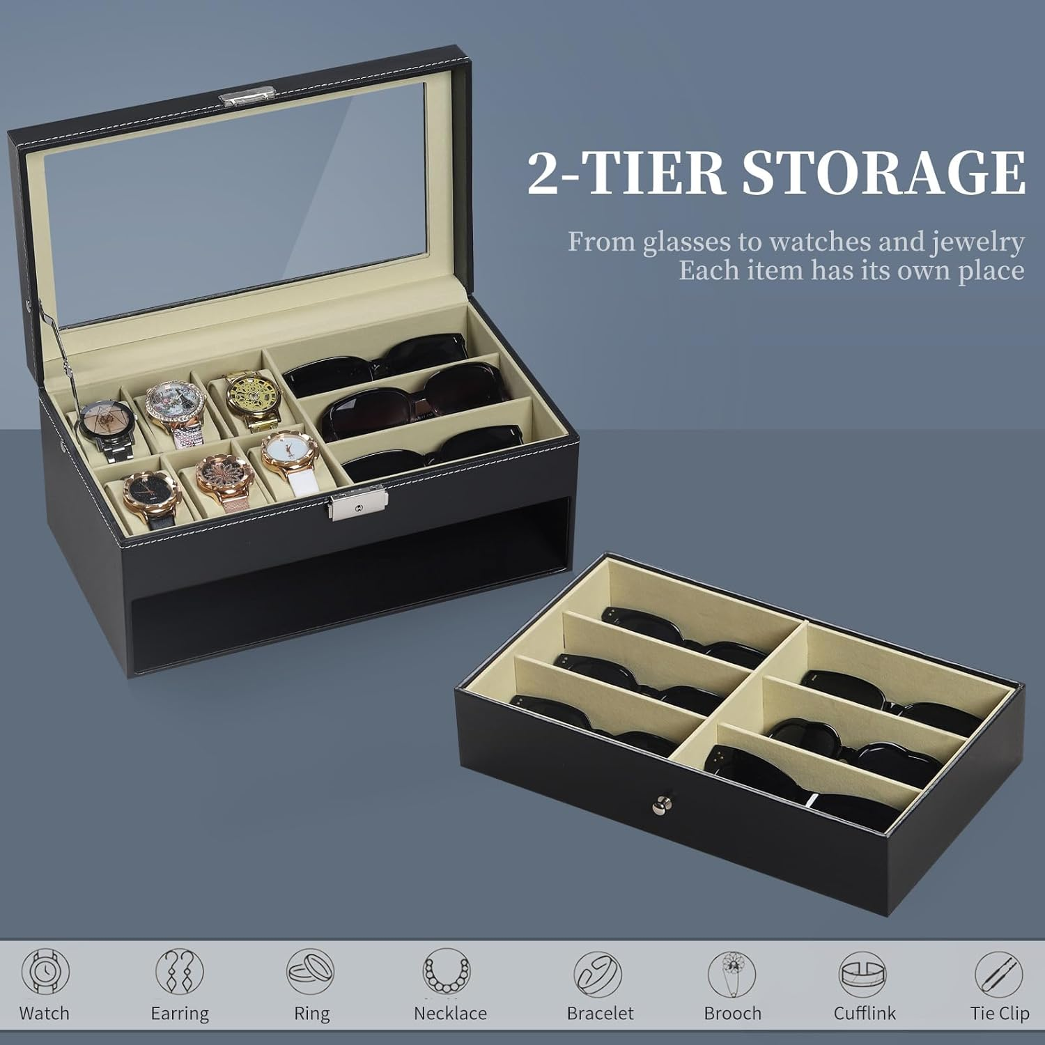 AUTOARK Leather 6 Watch Box Jewelry Case and 9 Piece Eyeglasses Storage and Sunglass Glasses Display Drawer Lockable Case Organizer,Black,Aw-048