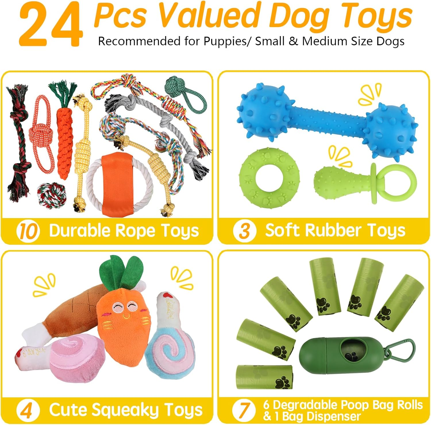 Oundarm 24 PCS Dog Chew Toy Set for Aggressive Chewers Boredom Interactive, Rubber Rope Stuffed Plush Squeak Puppy Enrichment Teething Toys for Small Medium Dogs Teeth Cleaning image number 6