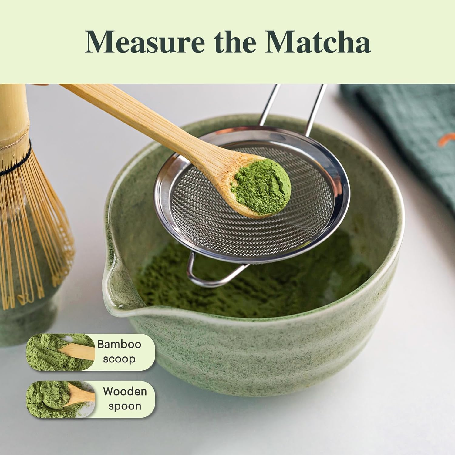 Matcha Whisk Set - 8PCS Kit for Matcha Lover, with Handcrafted Bamboo Whisk Matcha Scoop Matcha Stand Matcha Bowl, Sifter, Tea Cloth (Chakin), Scoop Stand,Wood Spoon image number 2
