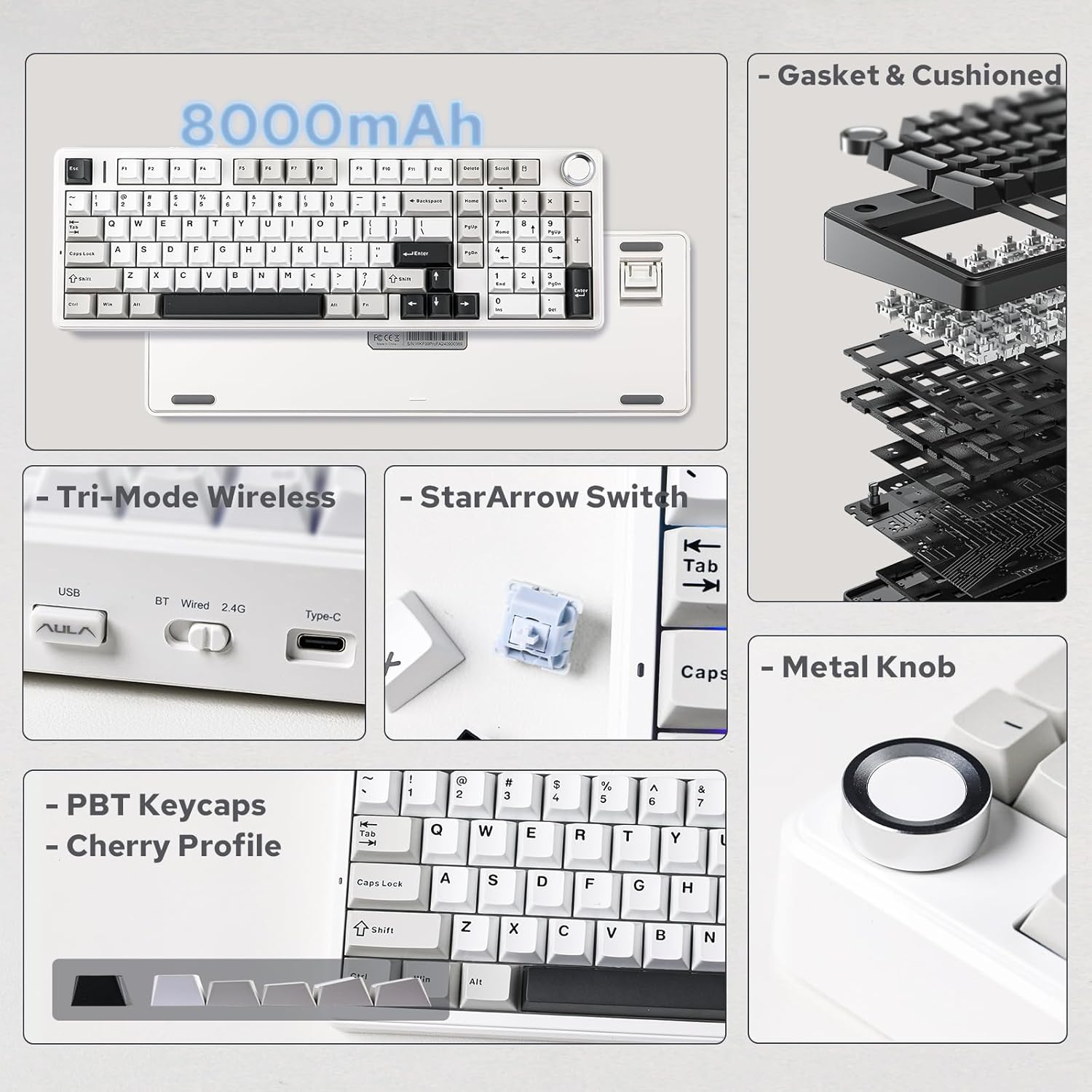 EPOMAKER X Aula F99 PRO Wireless Gaming Keyboard, Hot Swappable Custom Keyboard, 2.4Ghz/Type-C/Bt5.0 Mechanical Keyboard with 8000Mah Battery, RGB Backlit Gaming Keyboard (Black&Grey&White)