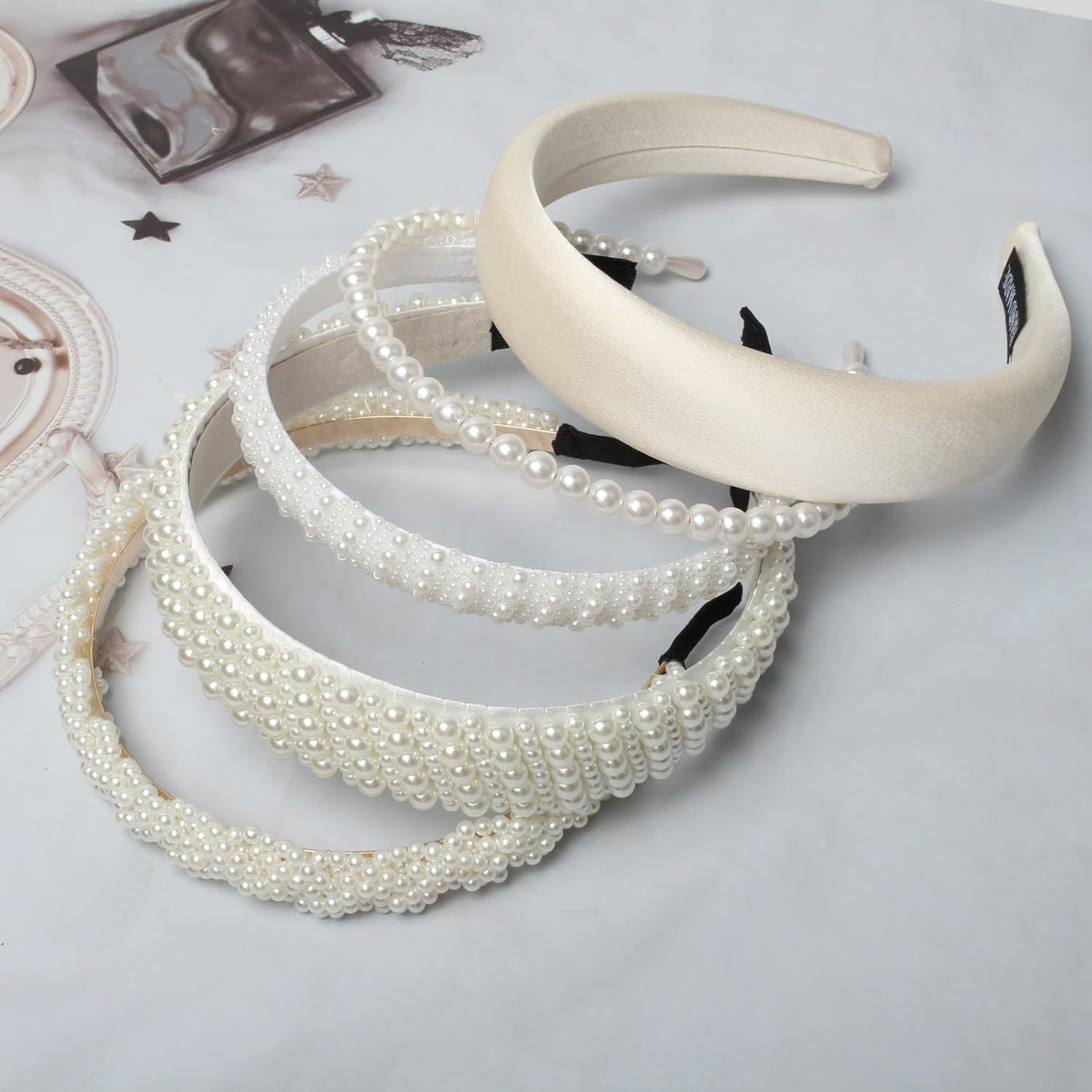 DIELOVEHUA Pack of 5 Pearl Headbands, White Pearl Headbands, Headband Beads Women, Pearl Bridal Hair Bands, Women'S Wide Thick Headband, Ladies Girls Wedding Hairstyles Accessories image number 4