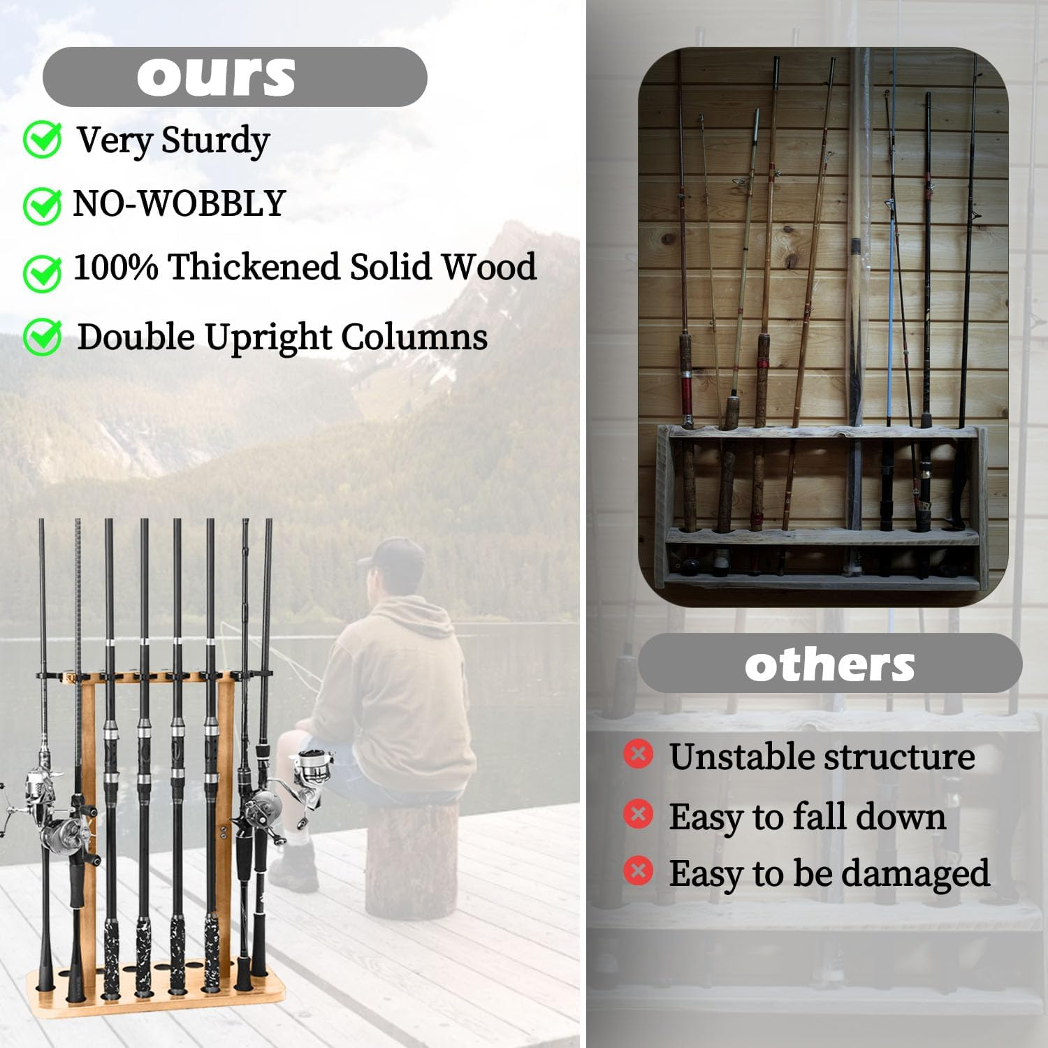 100% Wood Fishing Rod Rack | Garage Storage Solution Holds 14+ Rods & Combos | Space-Saving Floor Stand image number 2
