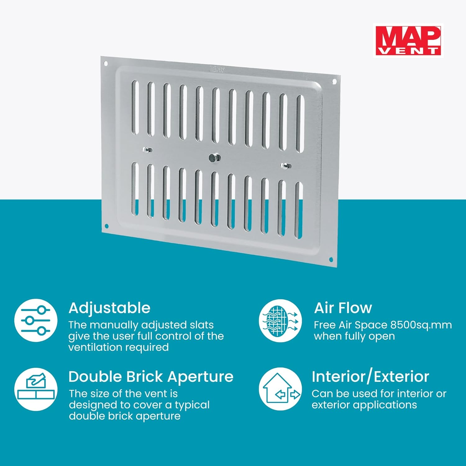 MAP Aluminium Adjustable Air Vent for Openings 9" X 6" (229Mm X 152Mm), Double Brick Hit & Miss Ventilation Metal Cover, Silver - Saa (Silver) image number 2