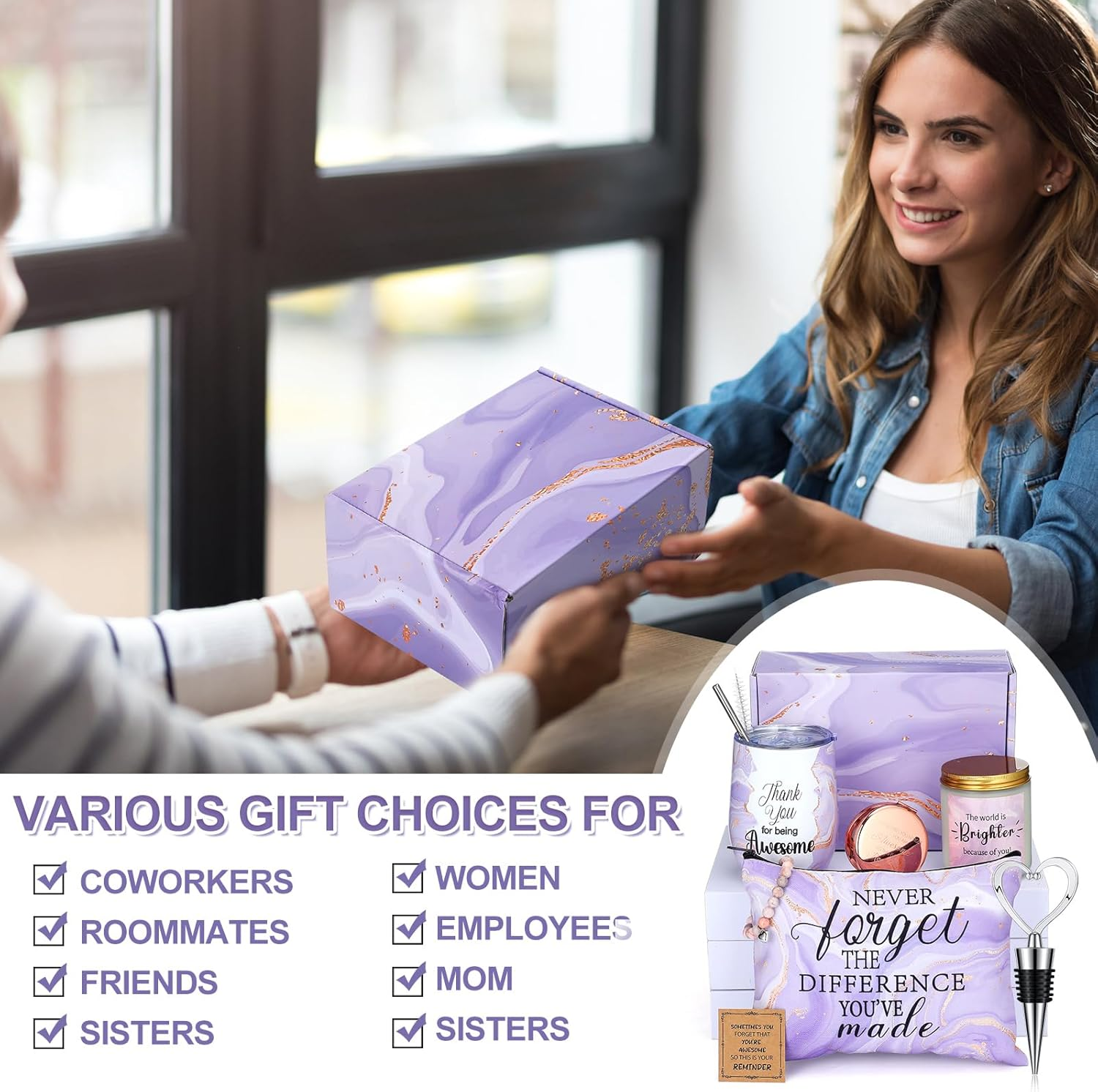 Perthlin 11 Pcs Thank You Gifts Sets for Women 12 Oz Tumbler Cosmetic Bags Candle Bracelet Keychain Card Appreciation Gift for Employee Teachers, Nurses, Coworkers, Boss, Leadership, Friends(Purple) image number 5