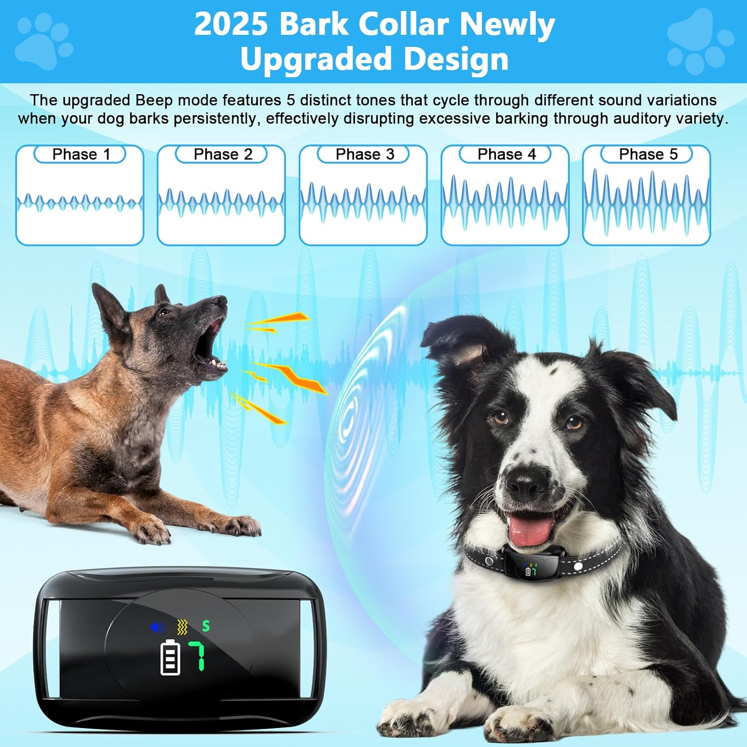2 Pack No Shock Bark Collar for Medium & Large Dogs &ndash; Rechargeable anti Bark Collar with Beep & Vibration, 7 Sensitivity Levels, 100% IPX7 Waterproof & Humane Dog Bark Collar image number 4