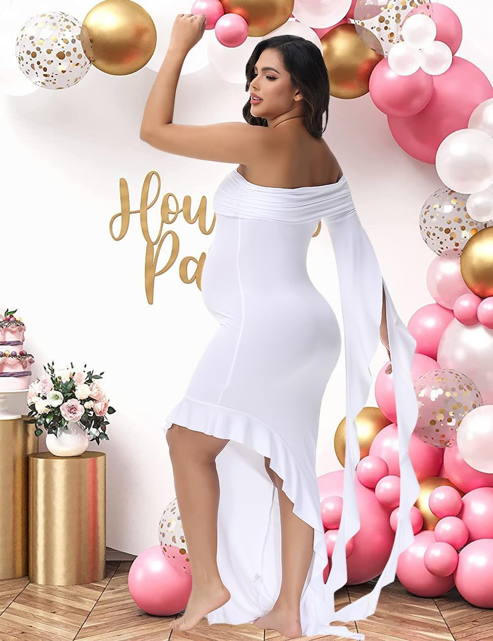 Justvh Maternity off Shoulder Ruffle Sleeves Irregular Hem Pregnancy Photography Dress for Baby Shower Photoshoot image number 2