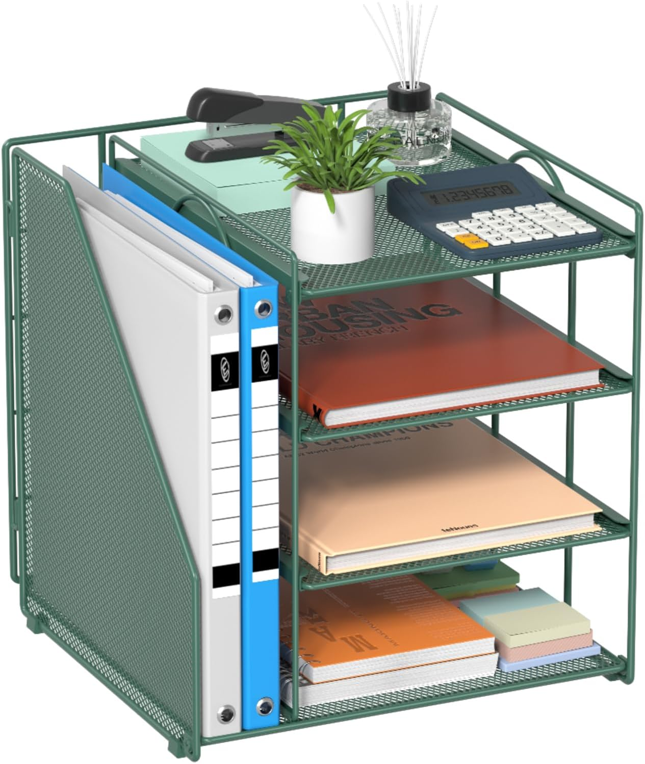 Becomrock Desk File Organizer and Accessories, 4-Tier Paper Organizer with Vertical File Holder, Office Desk Accessories & Workspace Organizers and Storage for Office Supplies (Green)