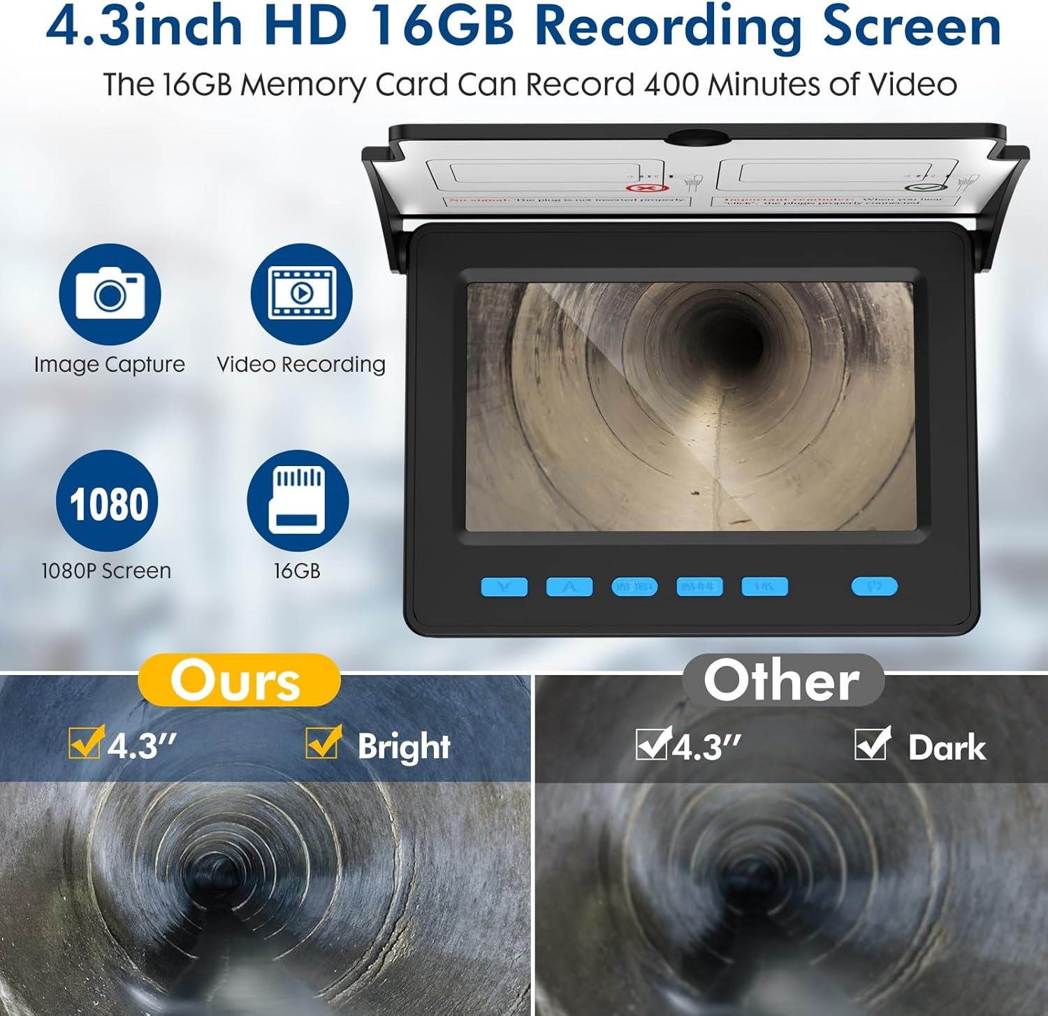Sewer Inspection Camera,Hd 17MM 8500Mah Industrial Endoscope with Light,4.3'' HD 32GB DVR 360&deg; Rotate Screen Borescope Snake Pipe Drain Camera for Plumbing Inspection (30M) image number 4