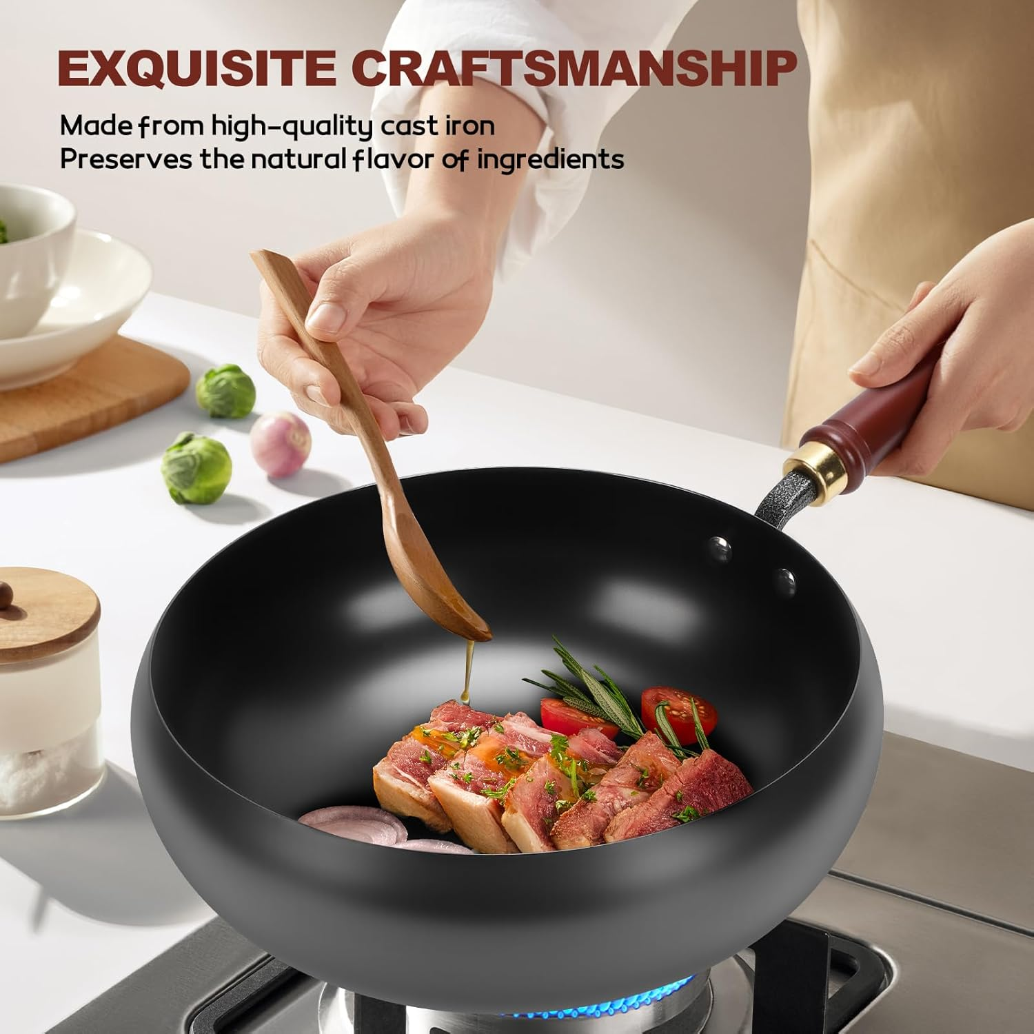 Suntuup Japanese Iron Pan, 28Cm Cast Iron Wok, with Spatula, 2 Covers to Choose From, for Pots on Electric Stoves/Induction Cookers/Gas Stoves (Glass Lid) image number 4