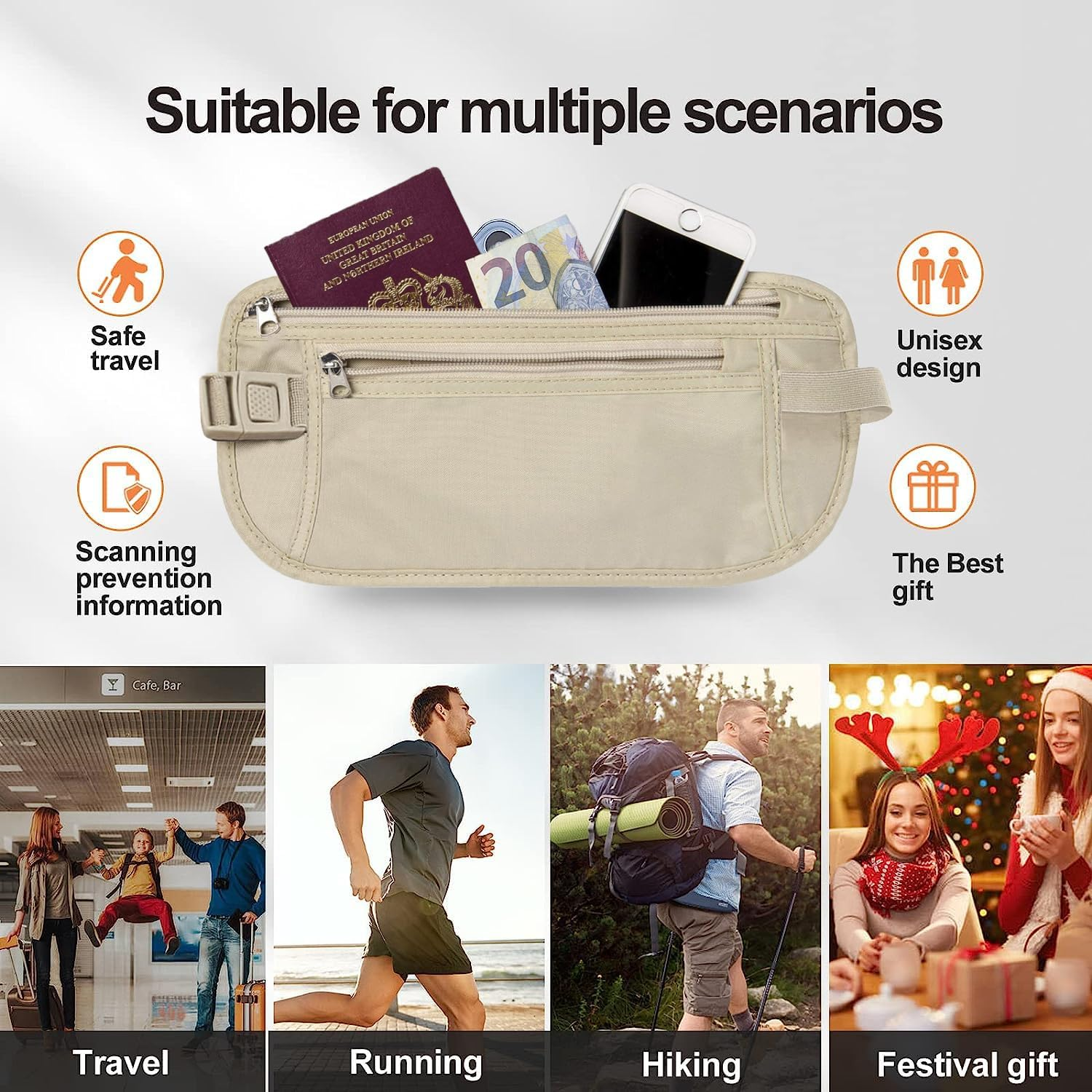 Yuanyoutong Secure Travel Money Belt, Anti-Theft Passport Holder Travel Wallet for Men Women, Hidden under Clothes Belt Wallet, Security Travel Pouch, Waterproof Waist Bumbag for Money, Cards and Keys, Beige, One Size, Double Zipper Pocket Design image number 3