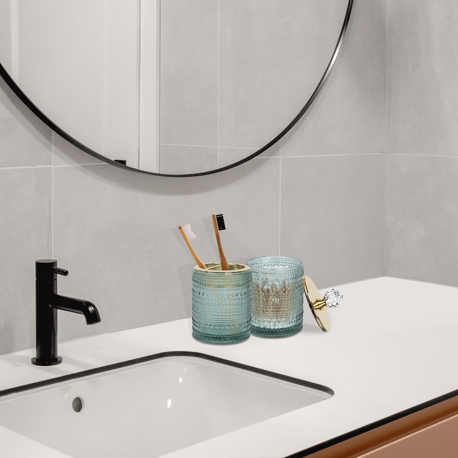 FEILANDUO Bathroom Accessories Set,4Pcs Glass Bathroom Accessories,Vanity Bathroom Decor, Soap Dispenser, Toothbrush Holder Set, Apothecary Jar, Gift for Home Apartment (Green), Pink/Green image number 4