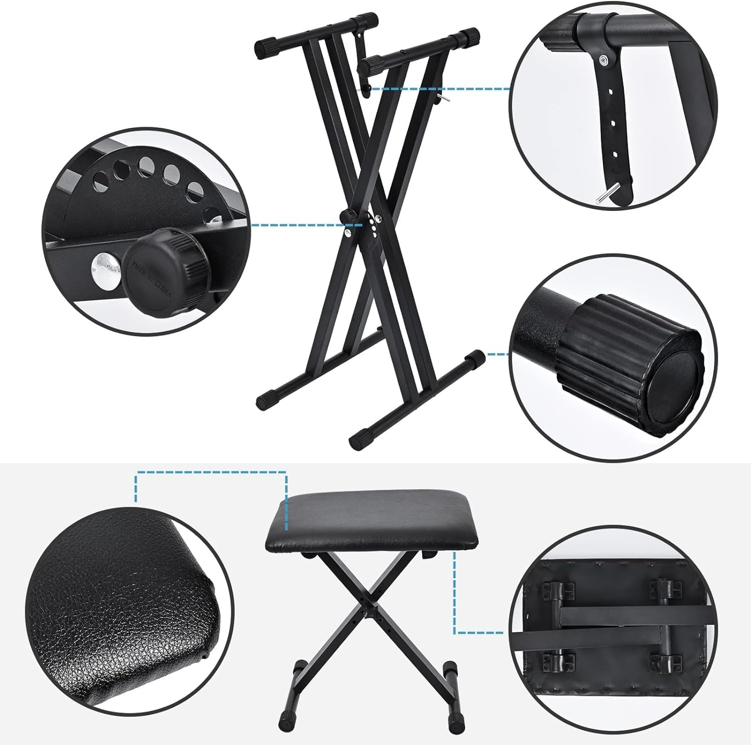 Keyboard Stands and Bench Set, Upgrade Heavy Duty Double-X Keyboard Stand Adjustable & Portable Digital Piano Stand with Locking Straps image number 5