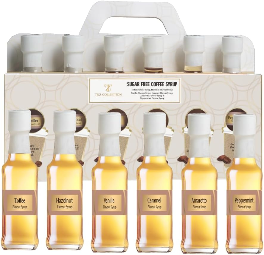 Tilz, Sugar Free Coffee Syrups Gift Set -Premium Sugar Free Syrup, Cocktail Gift Sets -Caramel Coffee Syrup, Vanilla Syrup, Hazelnut, Amaretto, Toffee, Peppermint, for Coffees, Hot Chocolate, Frappes