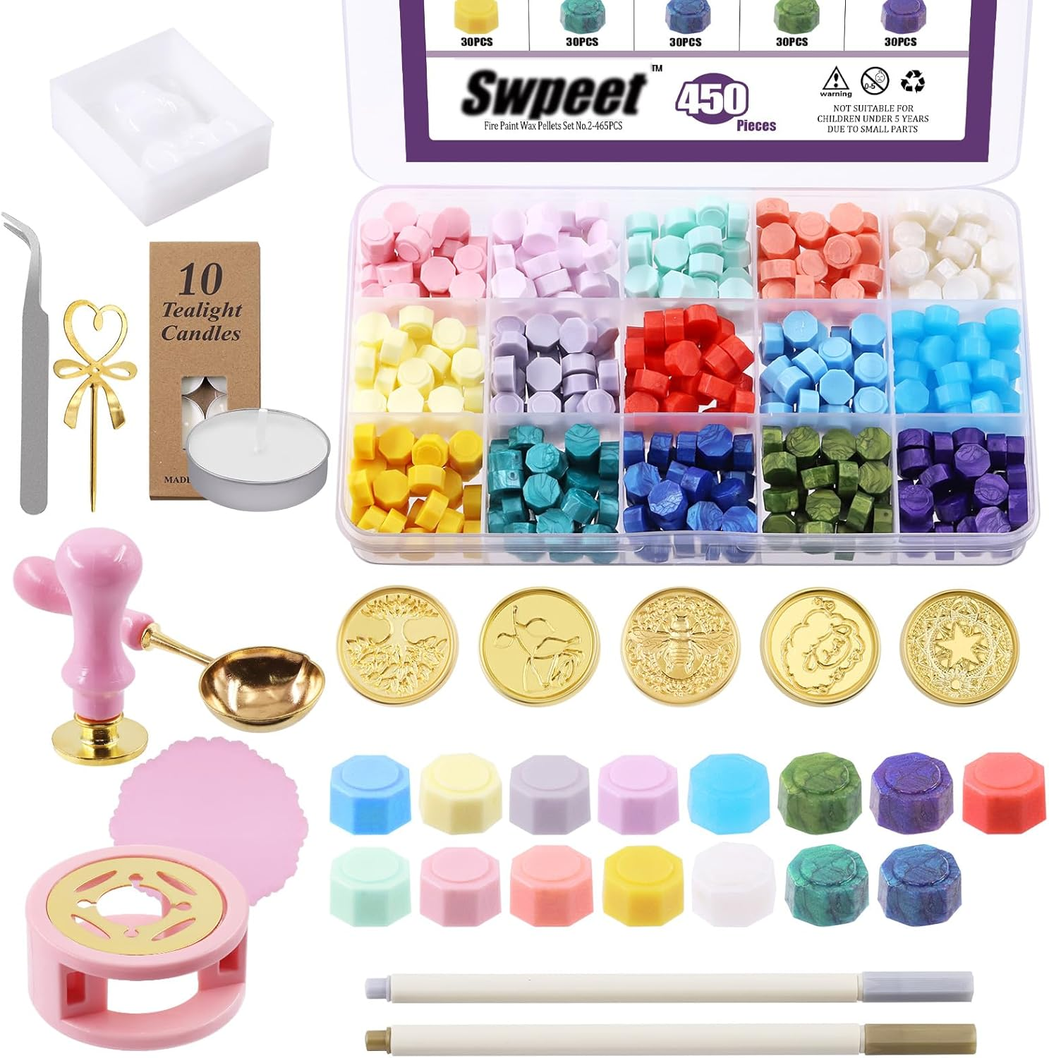 Swpeet 465Pcs Wax Seal Stamp Kit, Sealing Wax Kit with Wax Seal Beads, Wax Stamp, Wax Warmer, Vintage Envelopes and Tealight Candles for Envelopes Letter Sealing, Invitation Cards image number 6