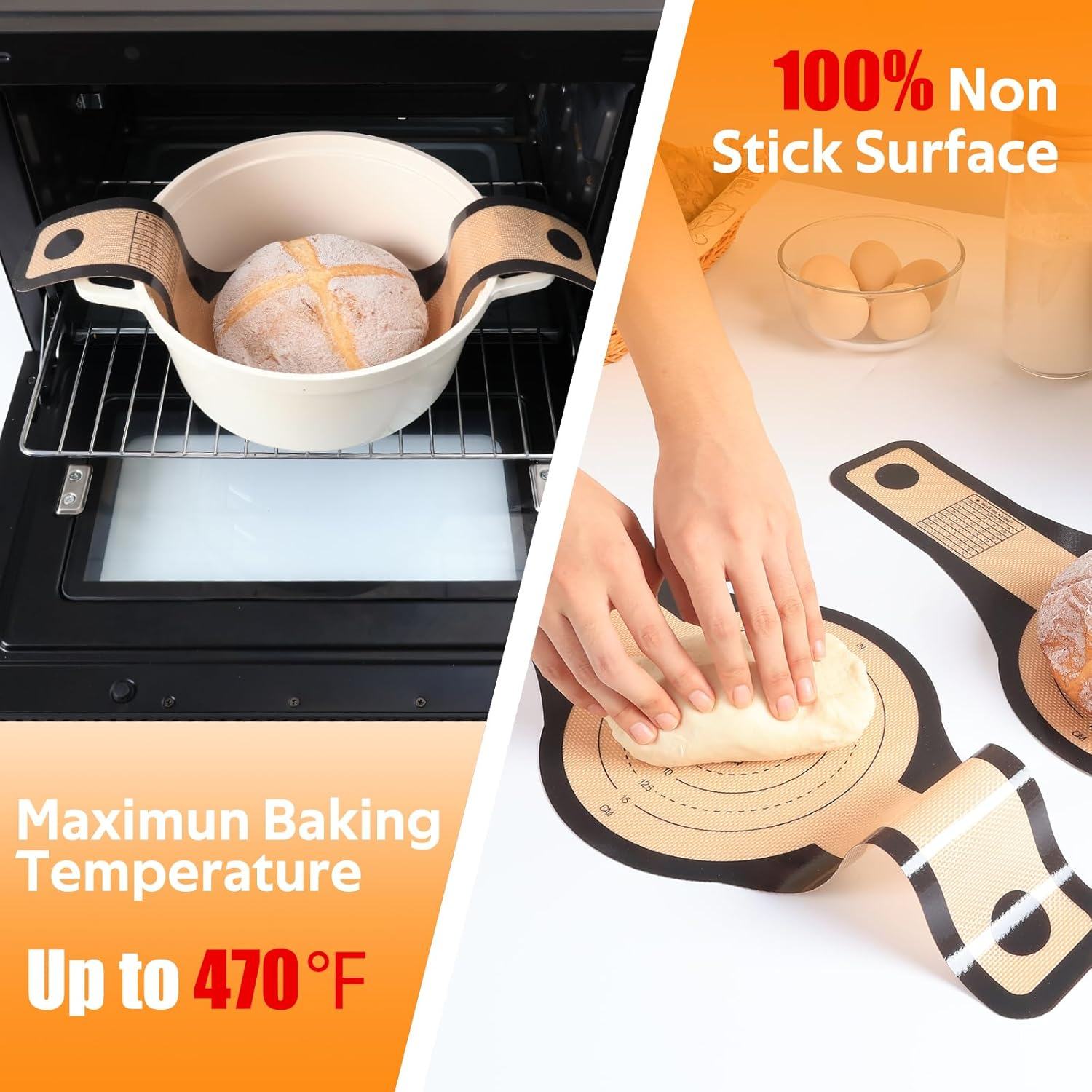 Folksy Super Kitchen 2 Pcs Extra Wider Silicone Bread Sling for Dutch Oven,Non-Stick Silicone Bread Baking Mat for Sourdough,Silicon Dough Lifter Liner with Longer Handles(22.6 * 8.3 Dark Gray,Black)&hellip; - Brown,Grey image number 4