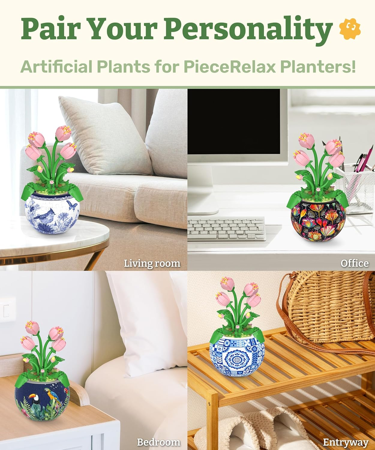 Piecerelax Flower Bouquet Building Decoration Set - Artificial Flowers Mini Bricks Potted Tulip Home Accessories or Best Gift Valentine D&eacute;cor for Him and Her Botanical for Adults [KZ1030] image number 3