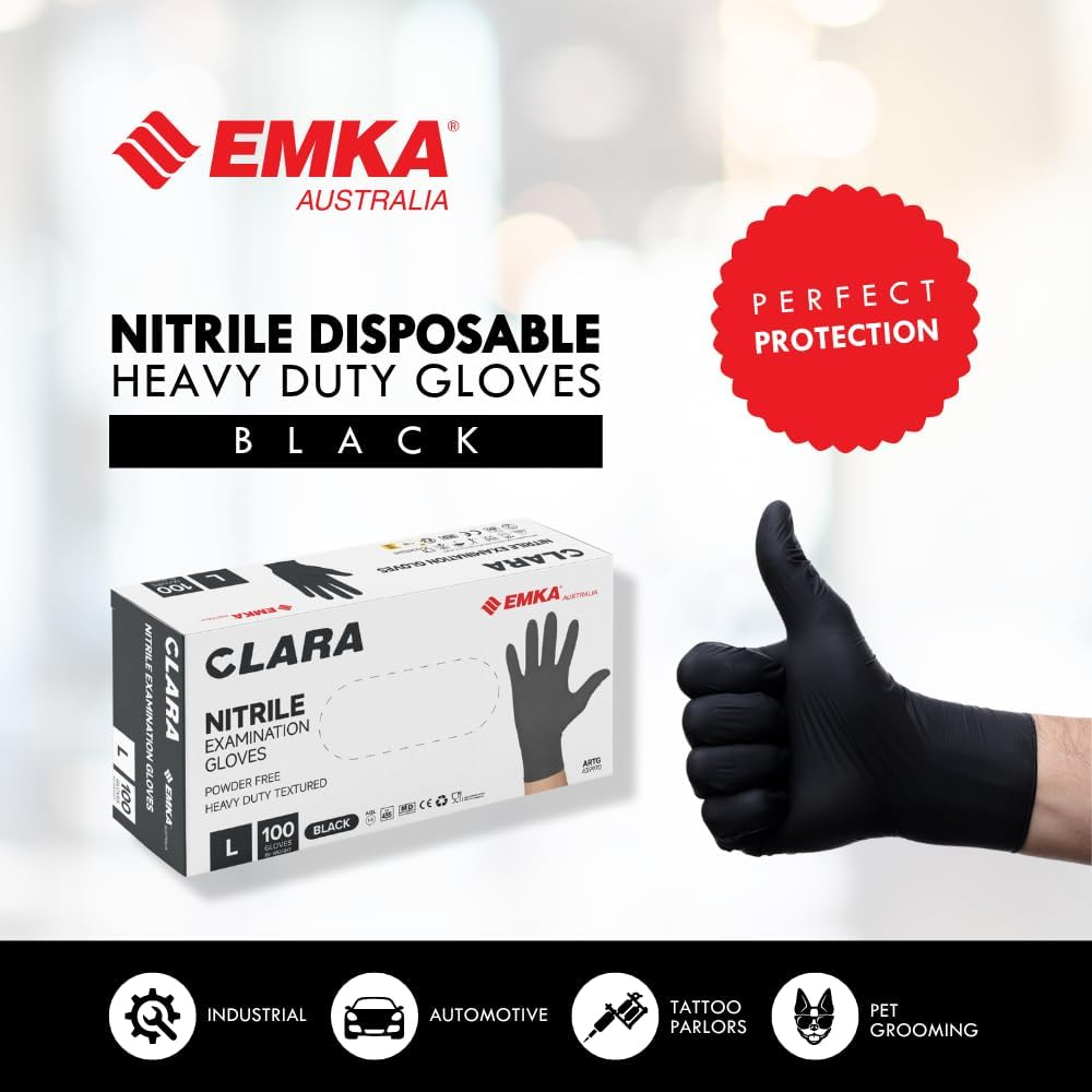 Clara Black Nitrile Powder Free Disposable Gloves Heavy Duty Textured 5.5G 100 Pieces