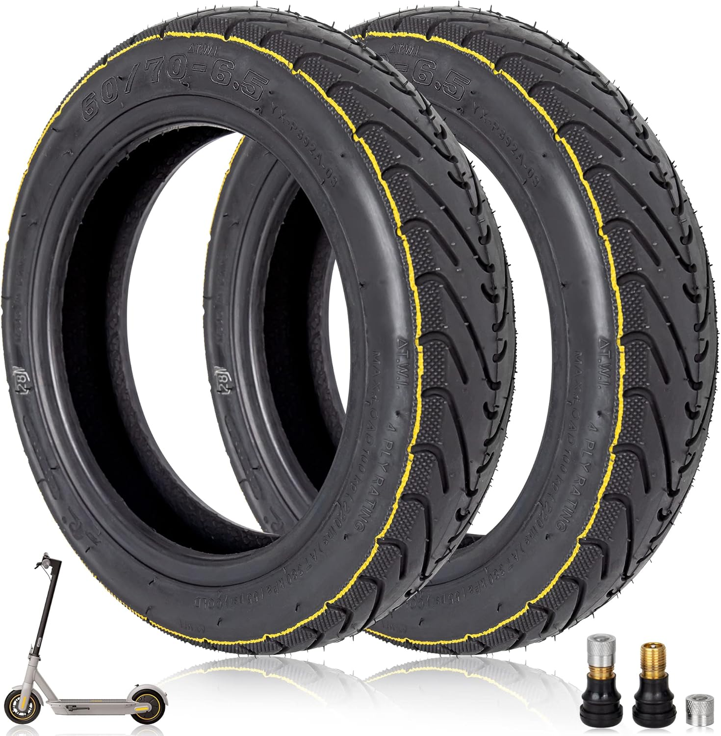 Prodroam 10 Inch Tyre Tubeless 60/70-6.5 for Segway Ninebot Max G30 G30D 2 G30E 2 G30P G30LP Electric Scooter Replacement Tyres Front Rear with Valve, No Self-Healing (Yellow Stripes, 2 Pieces)