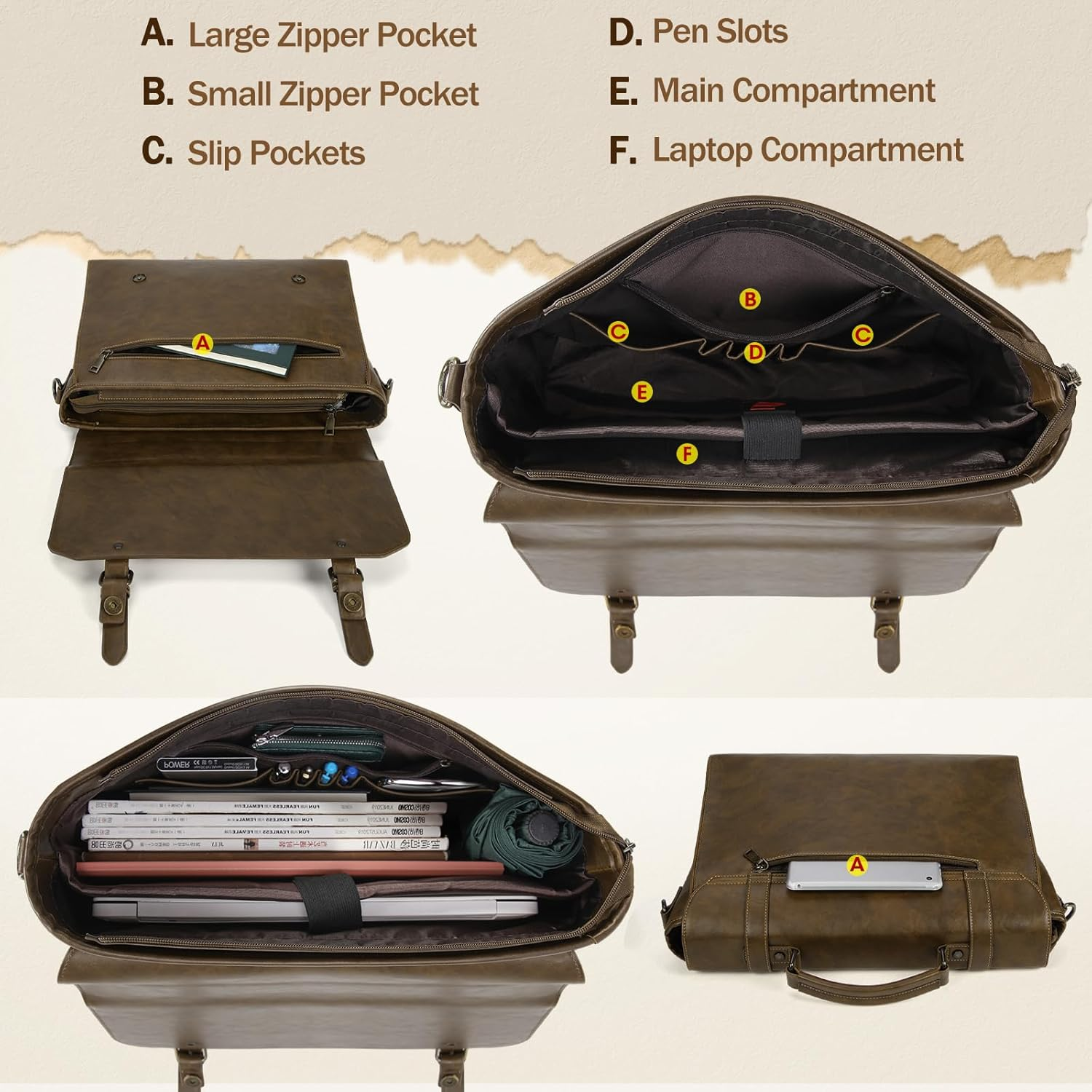 IGOLUMON Messenger Bag for Men 15.6 Inch Vintage Leather Waterproof Laptop Briefcase for Men Large Computer Laptop Bag Leather Satchel Bag Retro Shoulder Bag for Office Business Travel College, Khaki - Grey image number 3